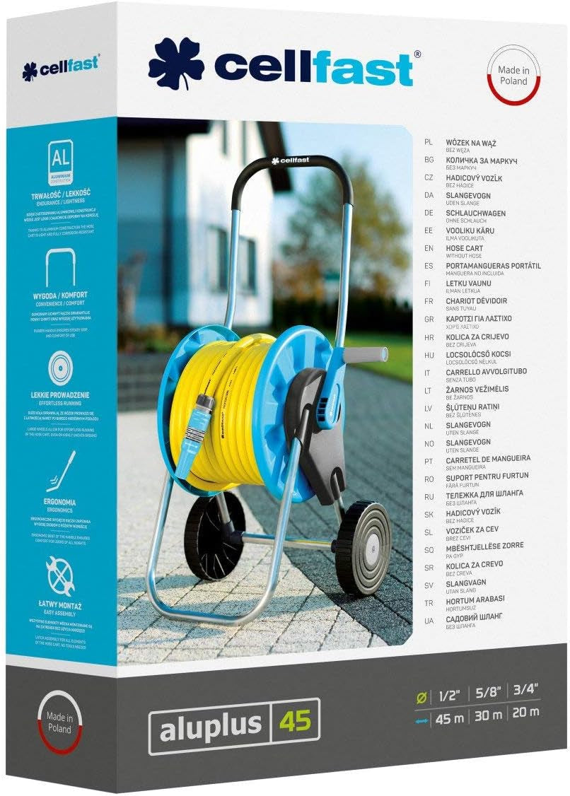 CELLFAST Gartenschlauchwagen, 2-Rad-Schlauchaufroller, korrosionsbeständiger Gartenschlauchaufroller, verhindert Schlauchbiegung, 1/2 Zoll, 45 m, Aluplus
