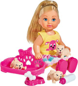 Simba 105733041 – Evi Love Puppy Love mit DREI Welpen, mit Hundehütte und Zubehör, Modepuppe, 12 cm, für Kinder ab 3 Jahren