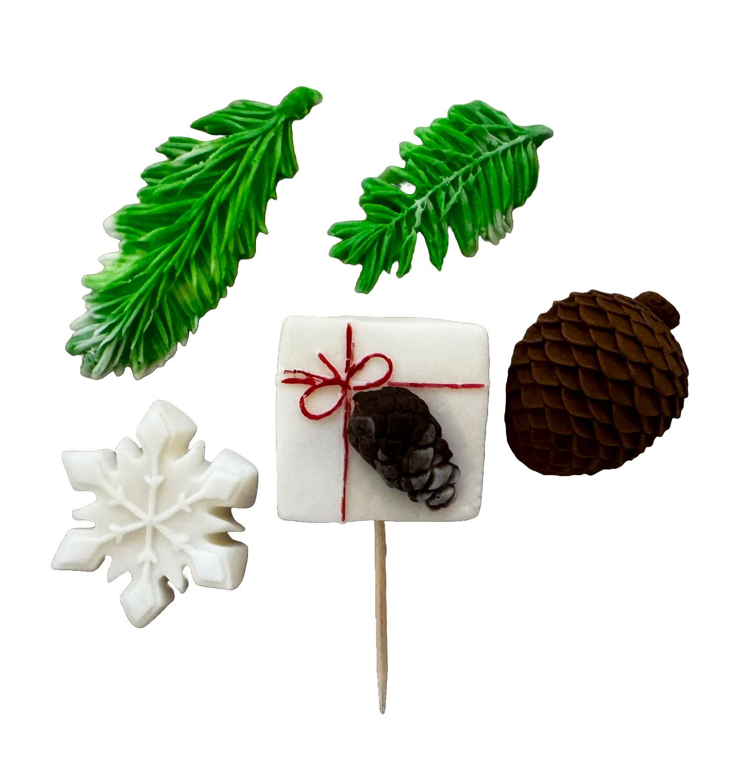 Set mit 5 essbaren Dekorationen aus Zuckerpaste, Winter, Tannennadeln, Schneeflocke, Zapfen. Dekorationen aus Zuckerpaste, Naty Shop