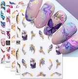 6 Blatt 3D Lila Schmetterling Nagelstickers Selbstklebend Nagelaufkleber Schmetterlinge Nail Sticker Bunte Blühen Marmor Nagel Aufkleber Regenbogen Welle Linien Nail Art Aufkleber Nageldesign Zubehör