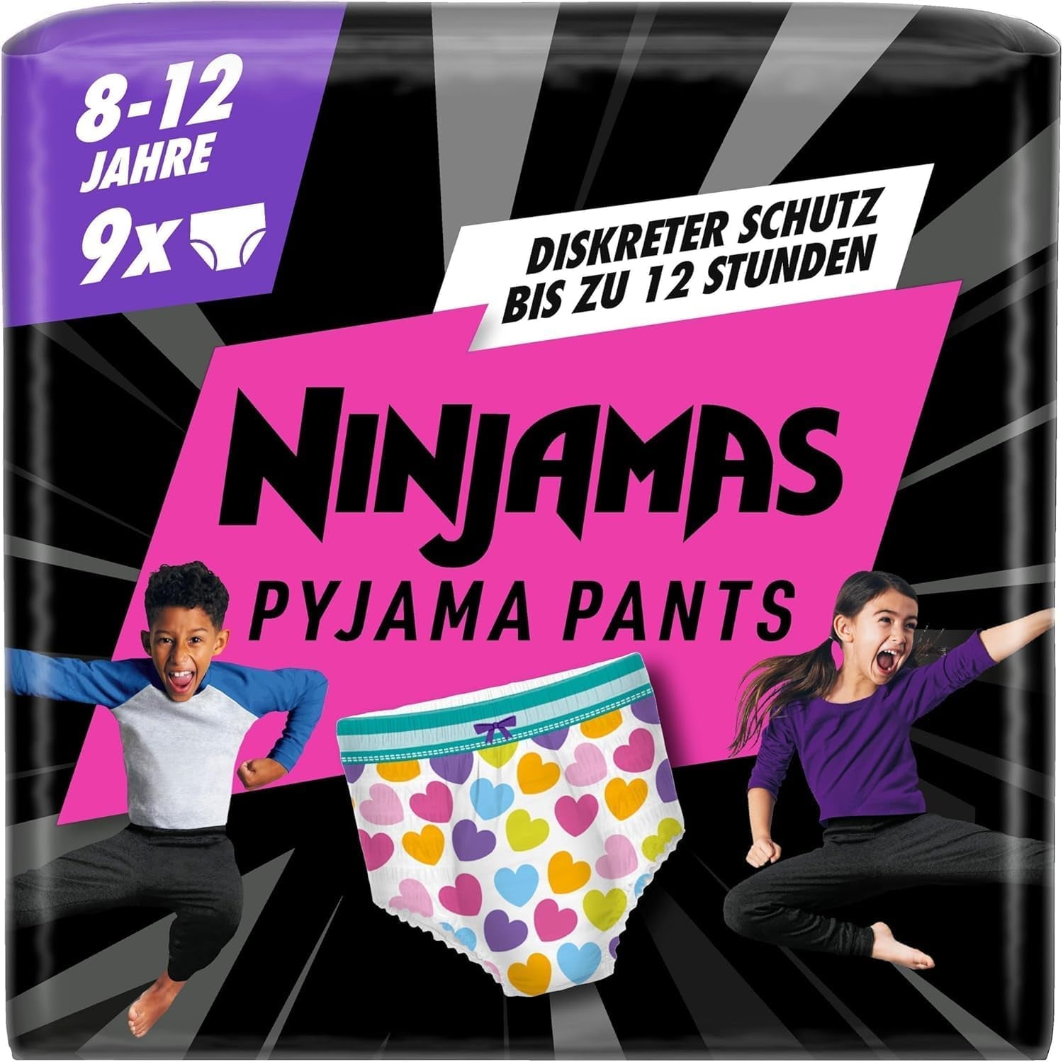 Hearts Pyjamahose, 9 Nächte, saugfähige Unterhose, 8 Jahre, 27 kg–43 kg, Auslaufschutz für die ganze Nacht