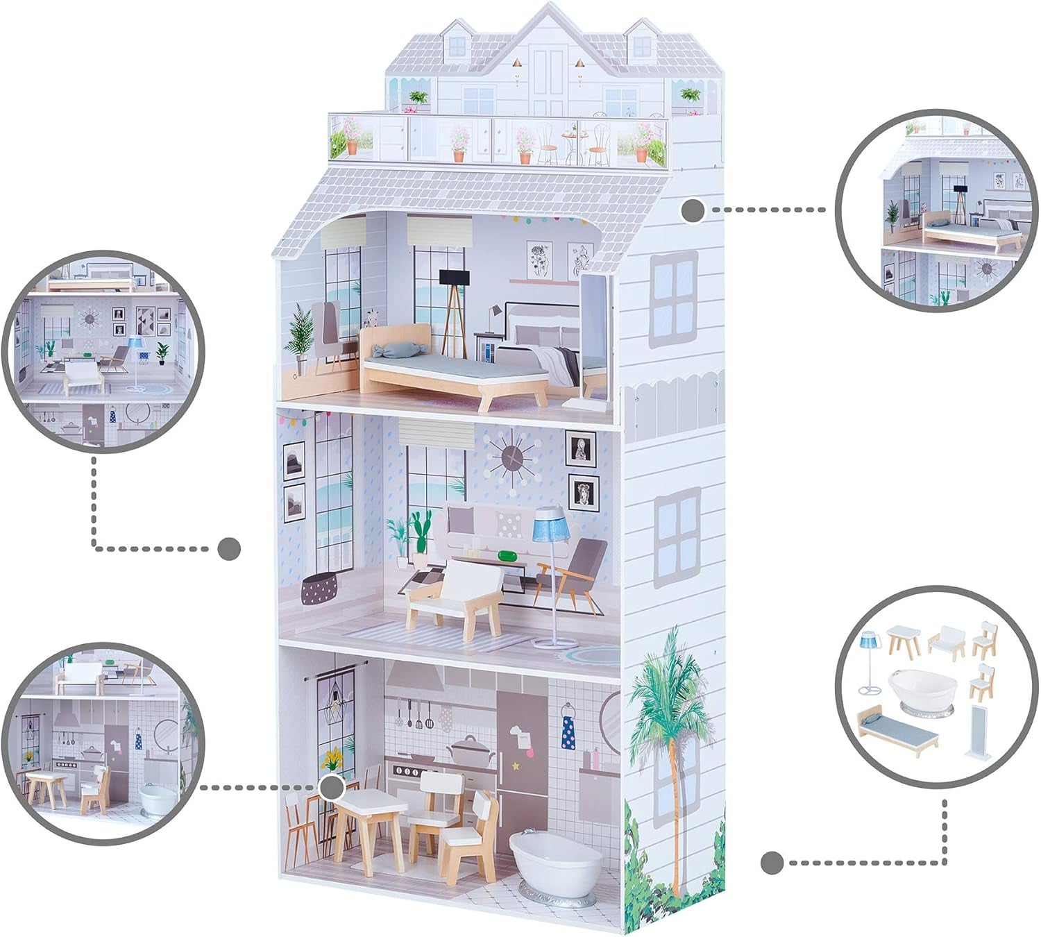 Teamson Kids Olivia's Little World Riesenpuppenhaus mit Möbeln und Zubehör, Puppenhaus aus Holz, 3-stöckiges Spielset für 30-cm-Puppen, ab 3 Jahren