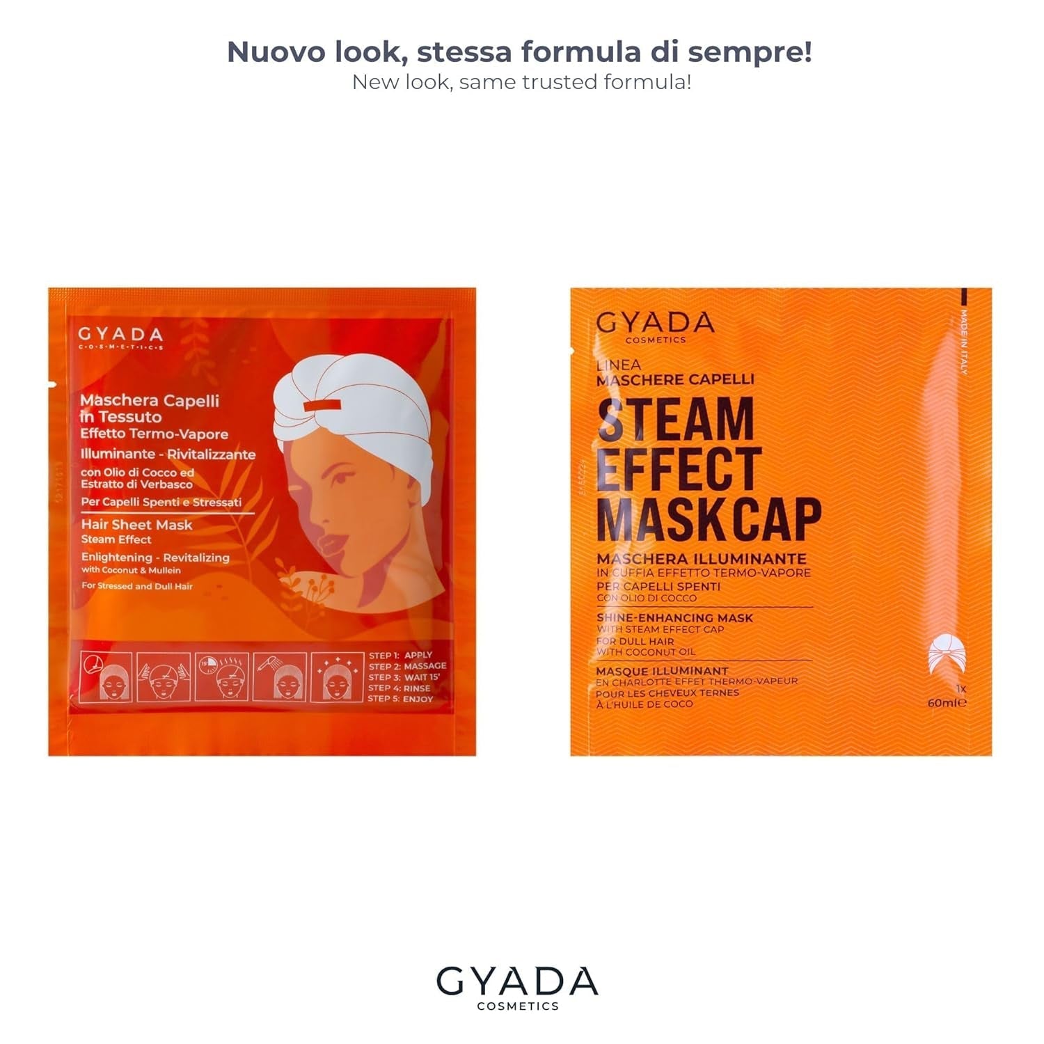 GYADA COSMETICS, Haarmaske aus leichtem und revitalisierendem Material, verleiht Glanz und Geschmeidigkeit, nährende und reparierende Wirkung, mit Thermokappe, auf Basis von Kokosöl und Avocado, 60 ml Naty Shop Haarmaske