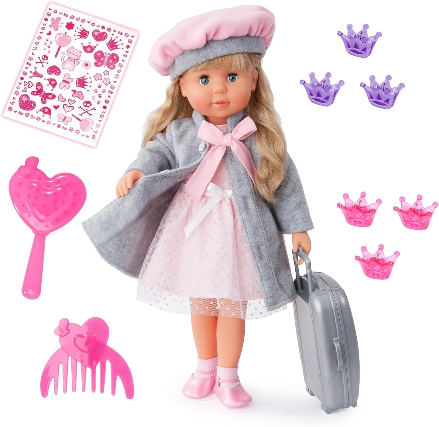 Bayer Design 94635AX Funktionspuppe Charlene mit verschlafenen Haaren und Augen, spricht und singt 90 Sätze, 2 Gedichte und 8 Lieder, 46 cm, Puppe mit mehreren Accessoires, 1,30 kg, Rosa, Grau