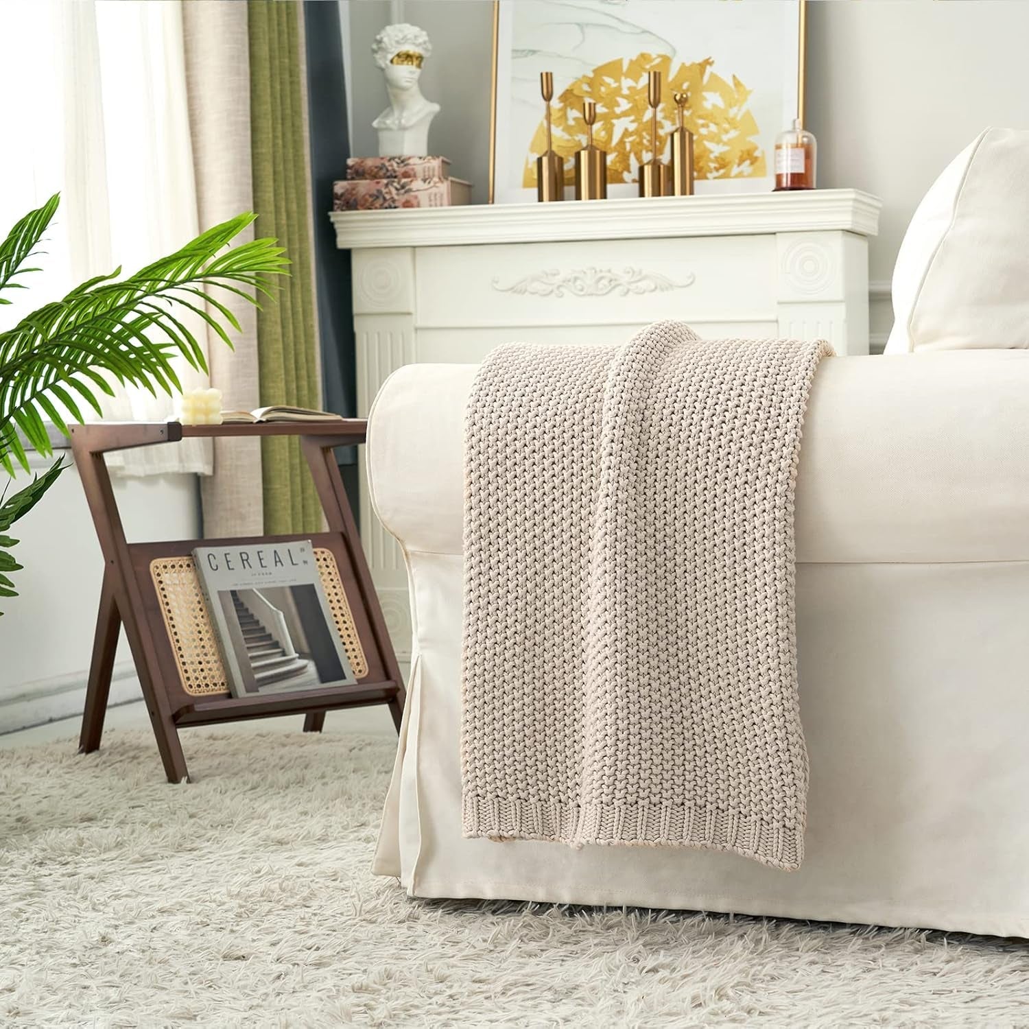 Grobstrick-Überwurfdecke, leicht, Beige, 100 % Bio-Baumwolle, Decke für Couch, Sofa, Bett, Kind, Kinderzimmer, rustikal, Shabby-Chic, modernes Bauernhaus, 152,4 x 203,2 cm, inklusive Wäschesack. Betten und Decken, Longhui-Bettwäsche