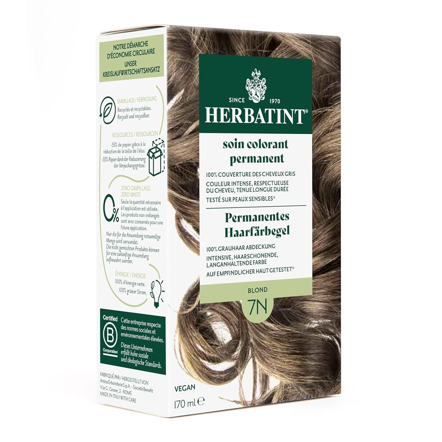 Permanentes Haarfärbegel 6N Dunkelblond – 170 ml I Ammoniakfrei, 100 % Abdeckung von grauem Haar I Getestet auf empfindlicher Haut, mit 8 Pflanzenextrakten Haarfärbemittel Naty Shop 7N Blond