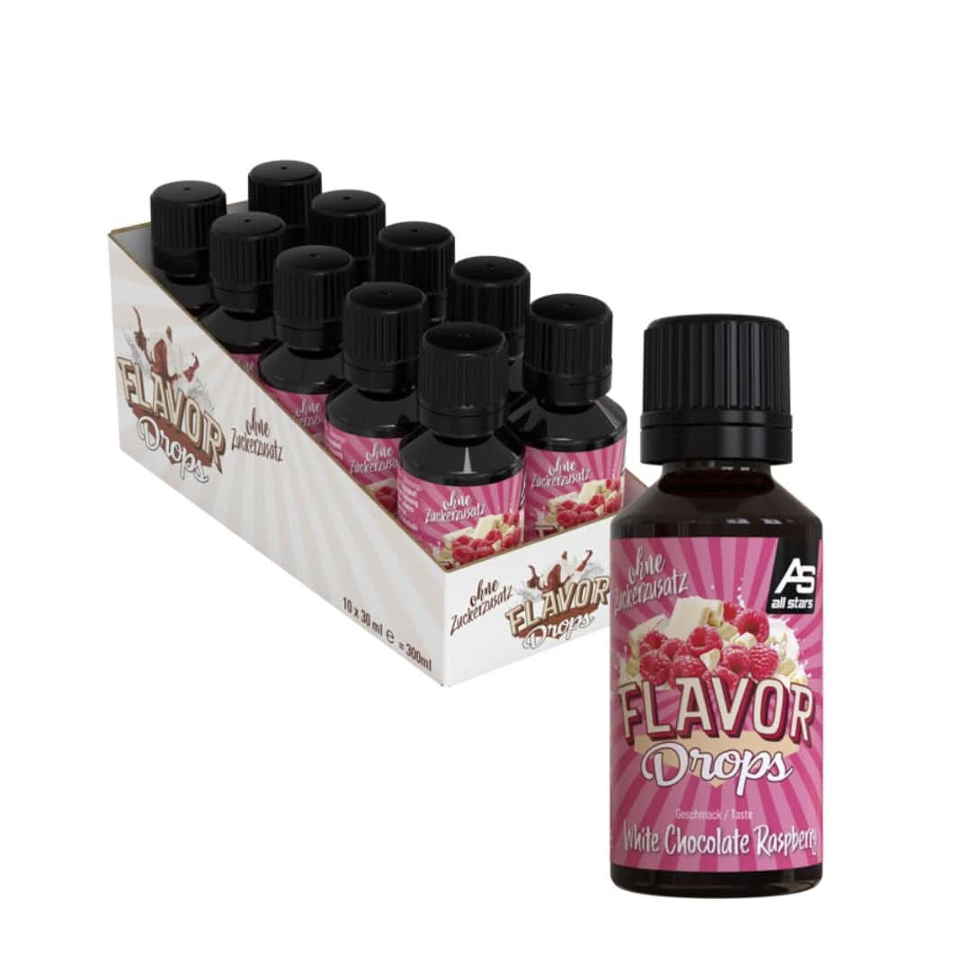 ALL STARS Flavour Drops, Aromatisierte Drops ohne Zuckerzusatz und ohne Kalorien – Süße und Geschmack für Lebensmittel, 30 ml Süßstoffe Naty Shop Weiße Schokolade mit Himbeere 10 x 30 ml