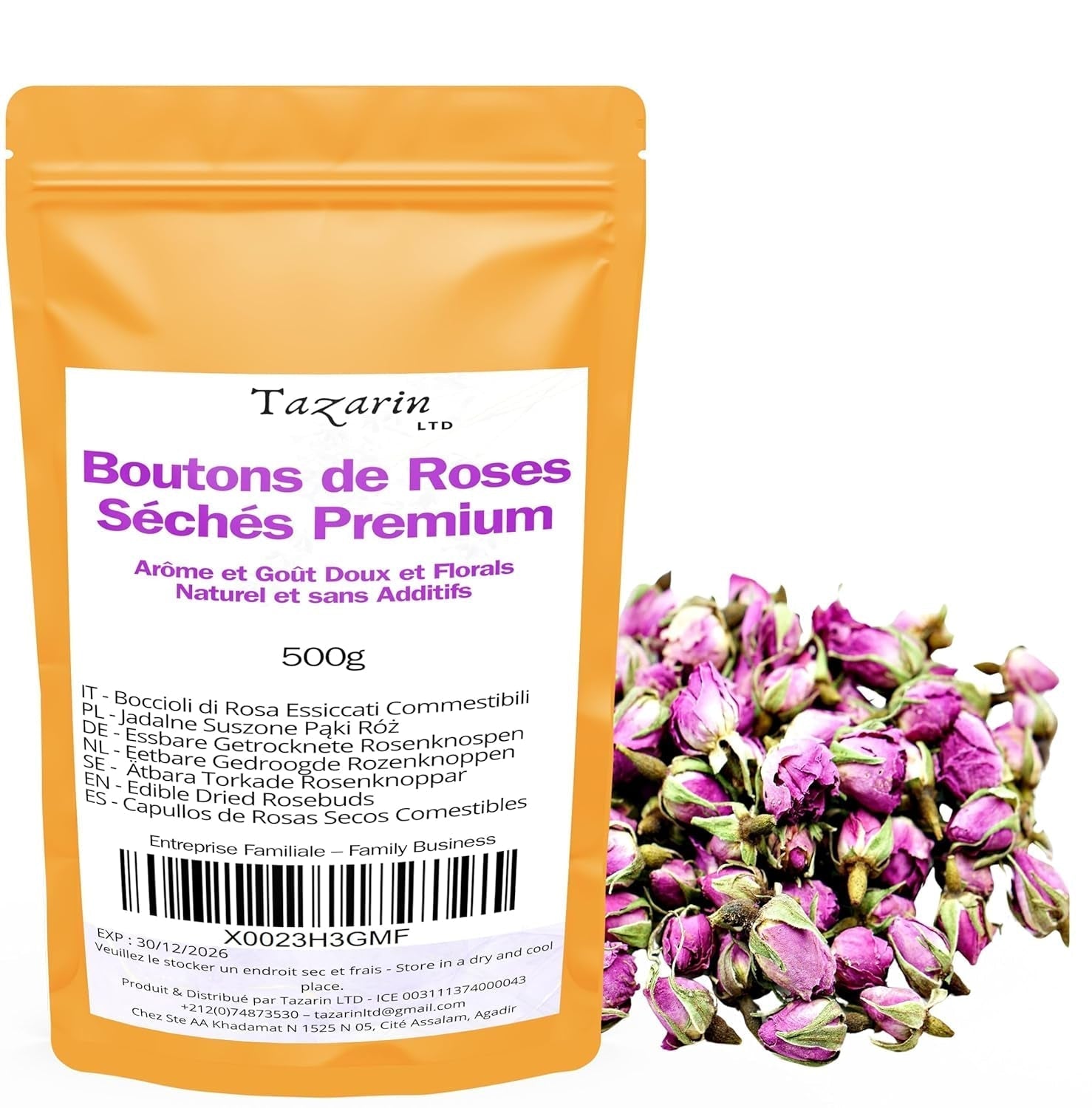 500 g essbare Premium-Rosenknospen – getrockneter Atlas-Rosenblütenaufguss – süßer und blumiger Geschmack und Aroma – 100 % natürlich, rein und ohne Zusatzstoffe | Tazarin Ltd