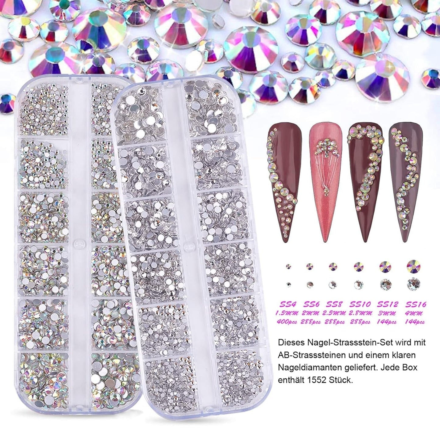 3200 Nagelsteine ​​Set FITDON Mehrförmige Glas-AB-Steine ​​und klare Diamant-Glitzer-AB-Steine ​​für Nagelkunst-Dekoration, DIY-Kits, Schmuck, Schlüsselanhänger, Nagelzubehör