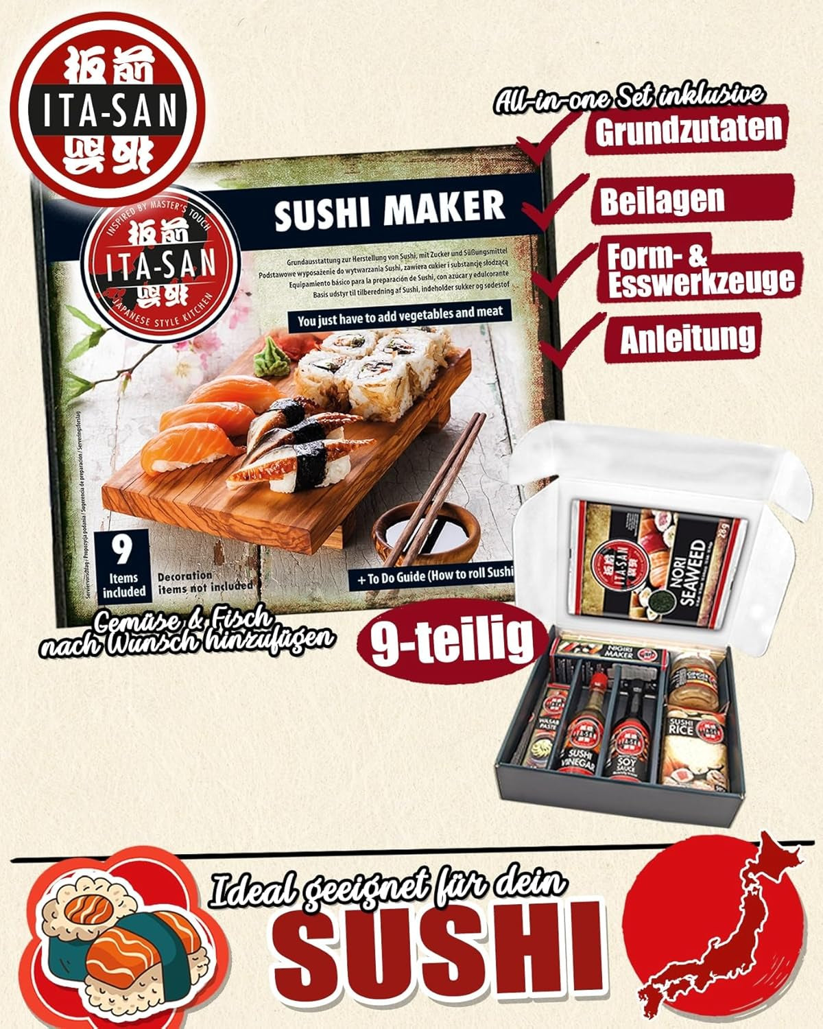 ITA-SAN Sushi Set (9-teiliges Komplettset, ideal für Einsteiger, zum Ausprobieren oder Verschenken) 1 Packung