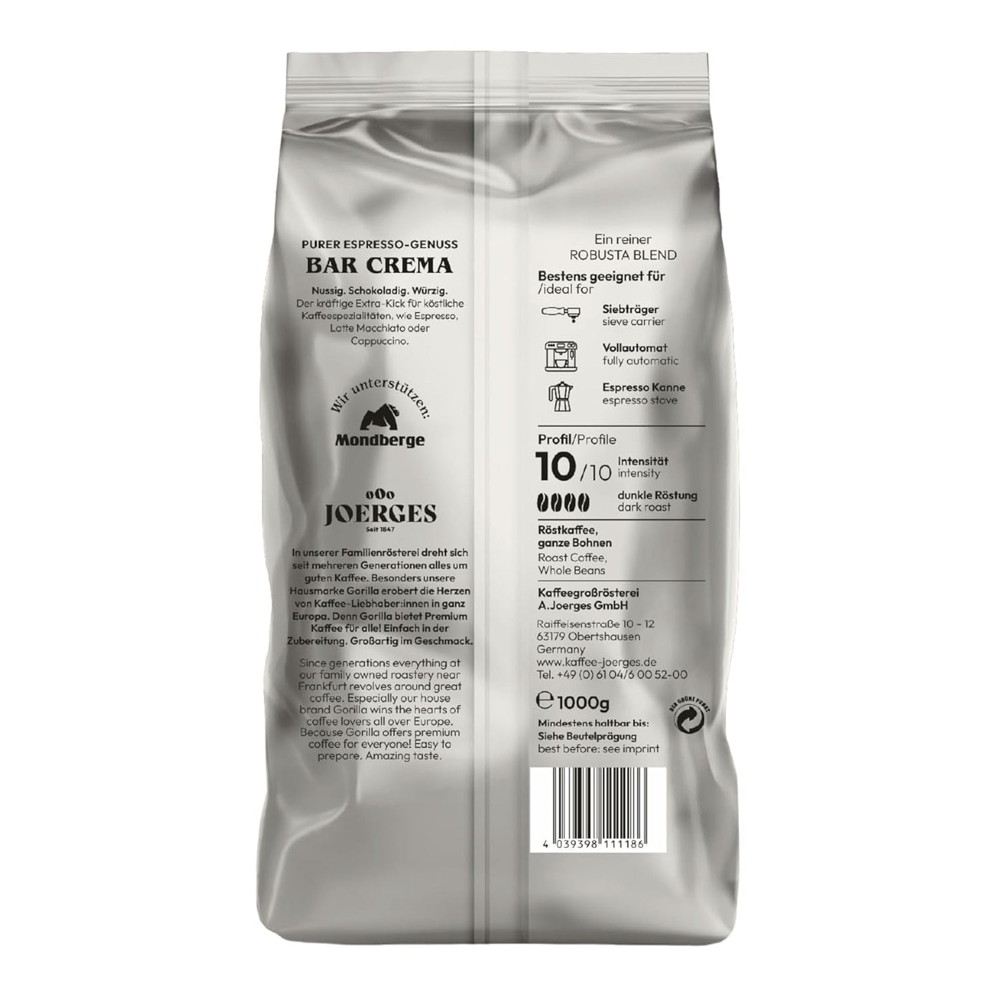 Gorilla Espresso Bar Crema Kaffeebohnen – 12 Packungen à 1000 g
