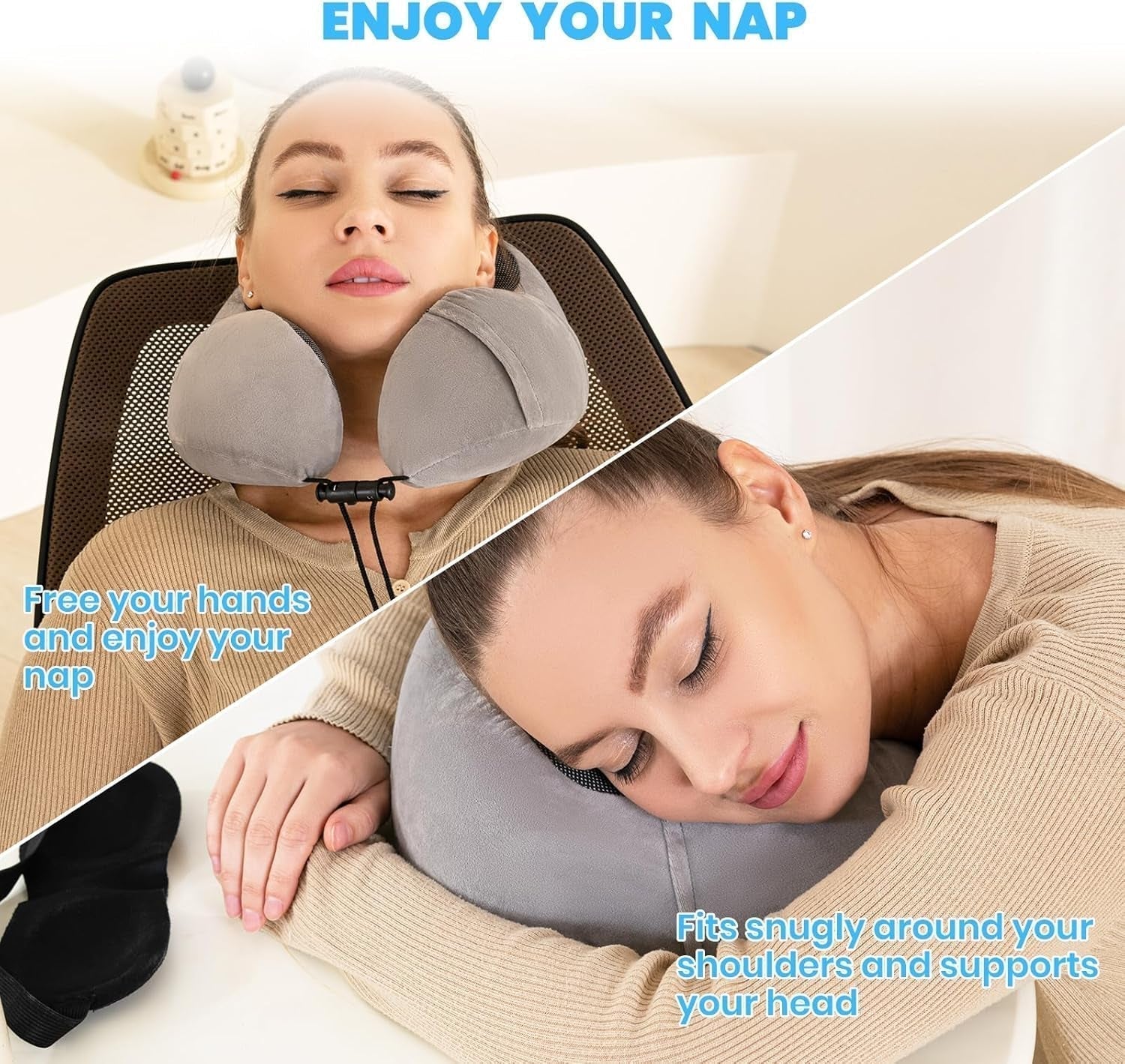 Good Nite Nackenkissen, Flugzeug-Nackenkissen, Reisekissen, Erwachsenen-Nackenkissen, Auto-Heim-Kissen, Kopfkissen, ergonomischer Memory-Schaum, waschbar, mit schmaler Rückseite, verstellbar, Grau, Reisekissen, Naty Shop