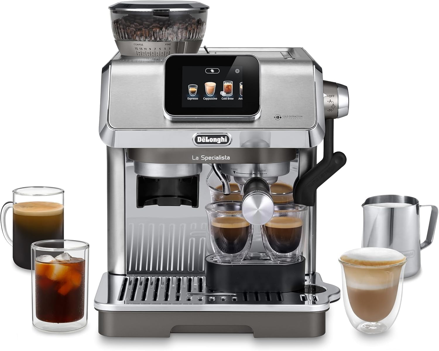 De'Longhi La Specialista Arte EC9155.MB Siebträger-Espressomaschine mit Mahlwerk, 8 Mahlgradeinstellungen, 15 bar Druck, 3 Temperatureinstellungen, Milchaufschäumer, 1550 W, 1,7 l Tank, Edelstahl/Schwarz, inklusive Barista-Kit