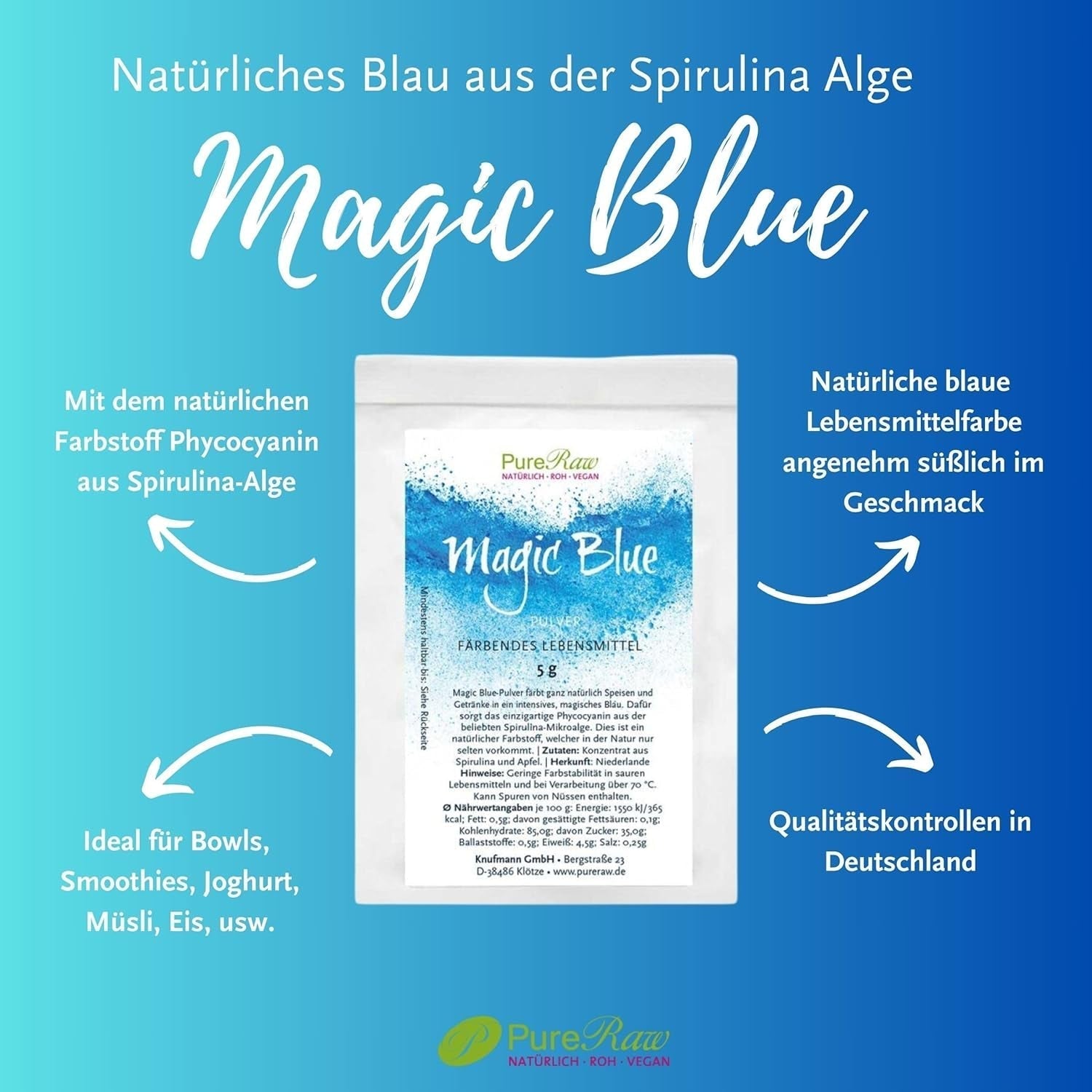 Magic Blue Spirulina Natürliche Lebensmittelfarbe Pulverblau (roh vegan) Dunkelblau bis helles Pastellblau – Phycocyanin-Algenpulver-Lebensmittelfarbe – Natürliche Lebensmittelfarbe | Pureraw 5G