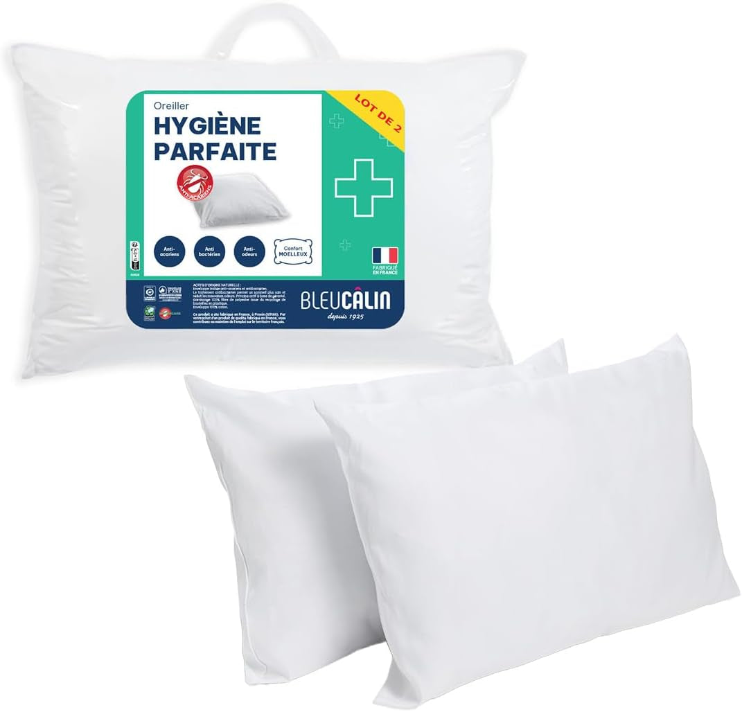 Bleu Câlin Set mit 2 rechteckigen Kissen, milbenhemmend, antibakteriell, flauschiger Komfort, T 60 x 60 cm, 100 % Baumwolle, perfektes Hygiene-Sortiment. Naty Shop Standard-Kissen, rechteckige Form, 45 x 70 cm