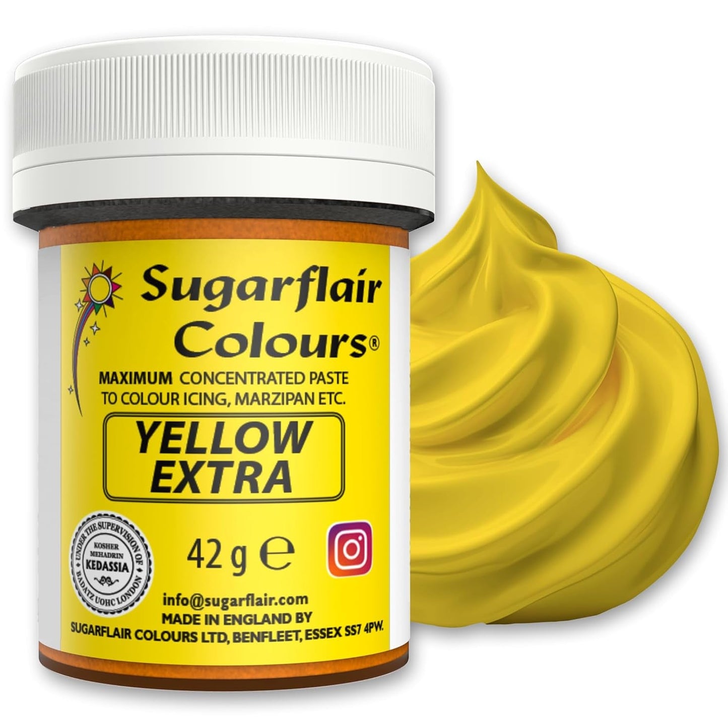 Lebensmittelfarbe Sugarflair Max Concentrated Yellow Extra, hochkonzentrierte Lebensmittelfarbe für Marzipan und Fondant, Pastenfarbe Max Concentrate – 42 g