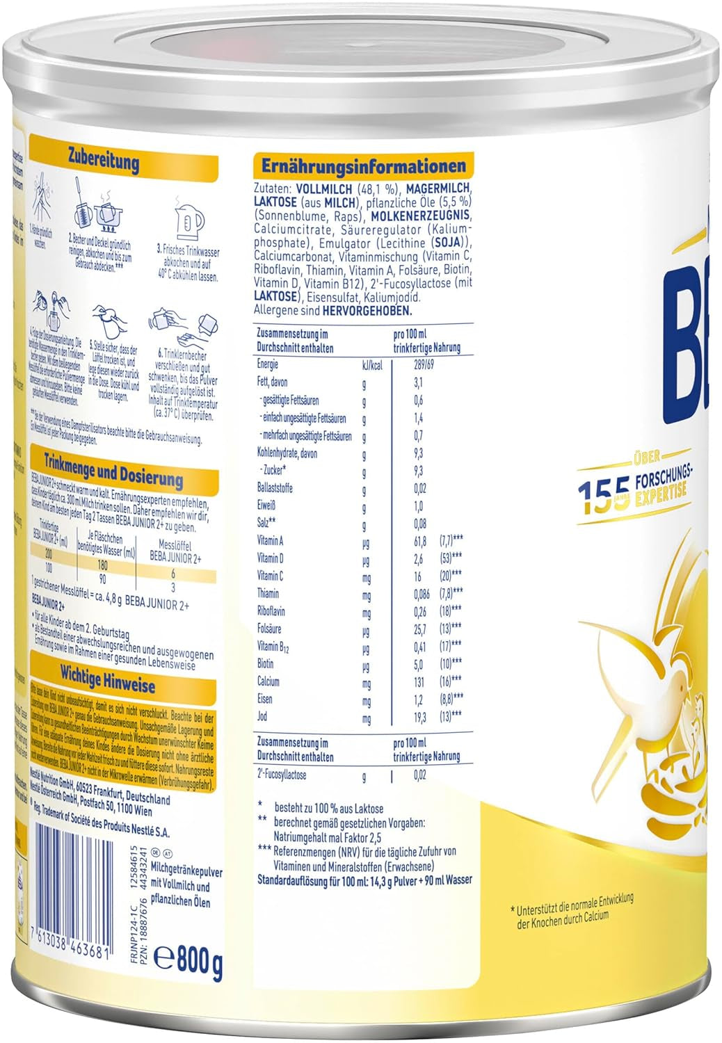 BEBA Junior 2+ Milchgetränk ab 2 Jahren, Mit HMO, Altersgerechter Proteingehalt, Nur Laktose, Ohne Palmöl, Ohne Fischöl, Kleinkindnahrung, Babymilchpulver, 6er Pack (6 x 800g)