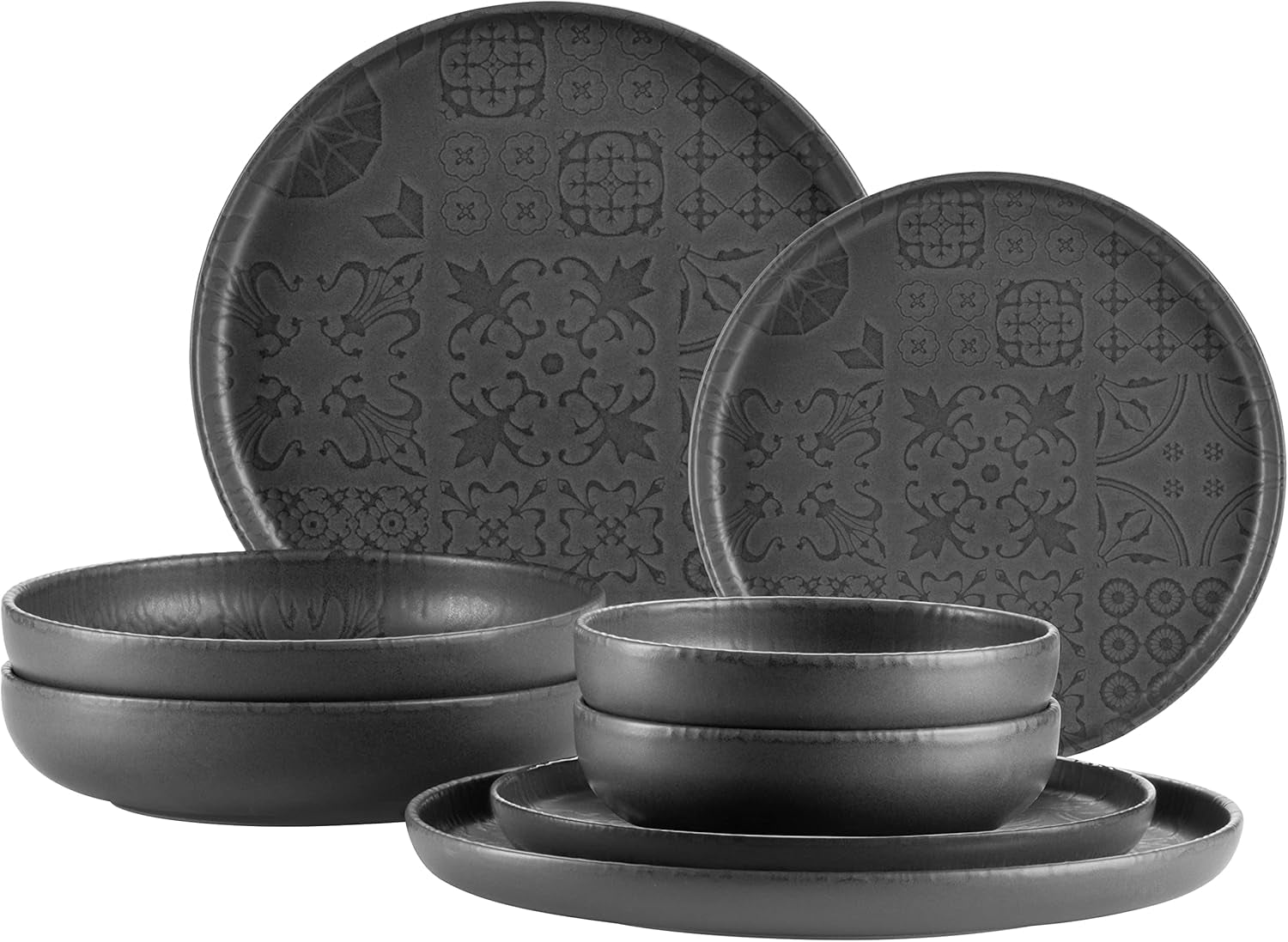 MÄSER 934064 Modernes Vintage-Geschirrset für 2 Personen, maurisches Design mit mattierter Glasur, 8-teiliges Tafelservice, hochwertige Keramikteller und -schalen, Steinzeug, schwarz
