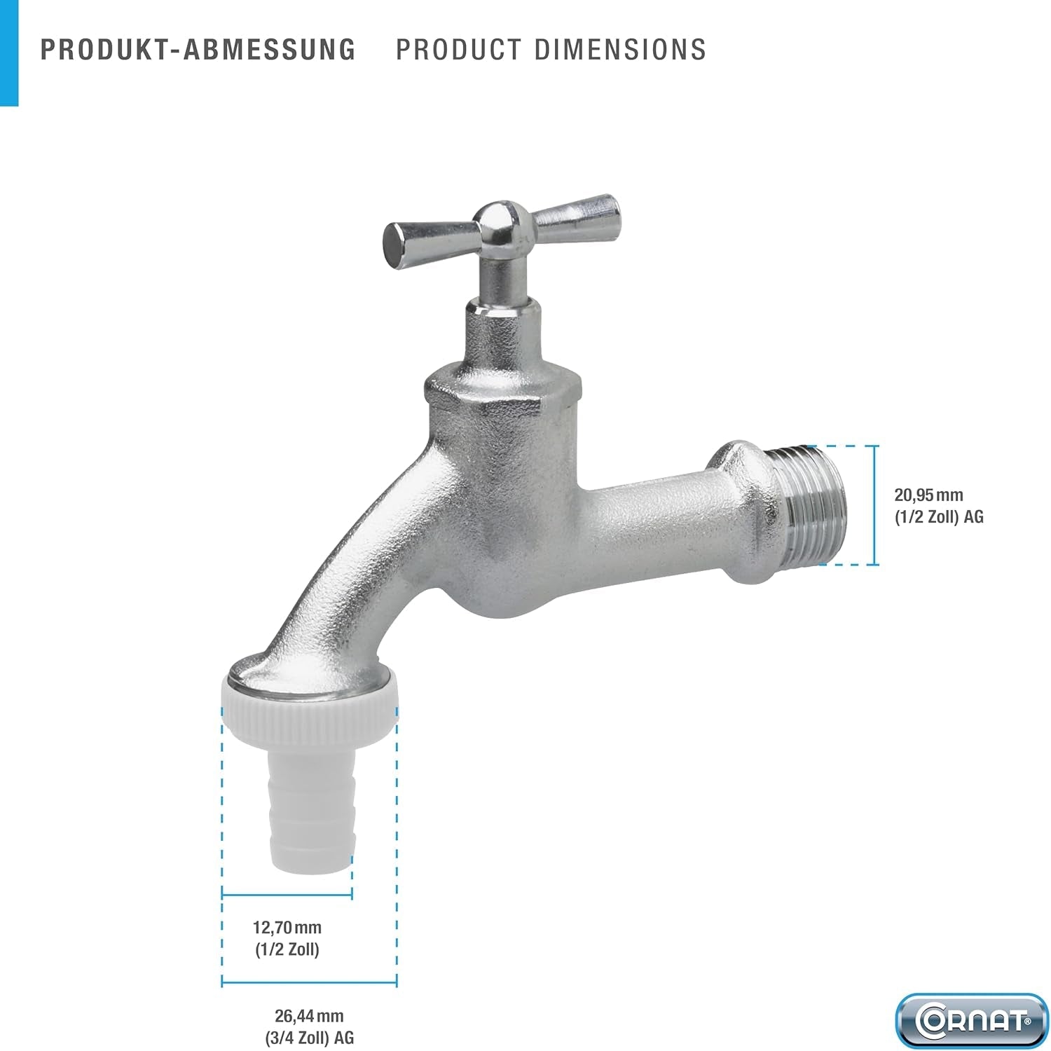 Gehörnter Wasserhahn – 20,95 mm (1/2 Zoll) Außengewinde – inklusive Schlauchanschluss – hochwertiges Messing – ideal als Außenwasserhahn/Regenfass-Wasserhahn/Wasserhahn/Absperrventil/FLOR92590