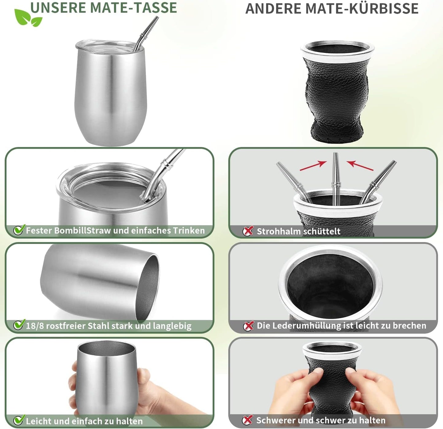 Moderner Mate-Becher 340 ml, isoliertes doppelwandiges Edelstahl-Yerba-Mate-Becher-Set, Mate-Teebecher mit BPA-freiem Deckel, Bombillas und einer Reinigungsbürste (Silber)