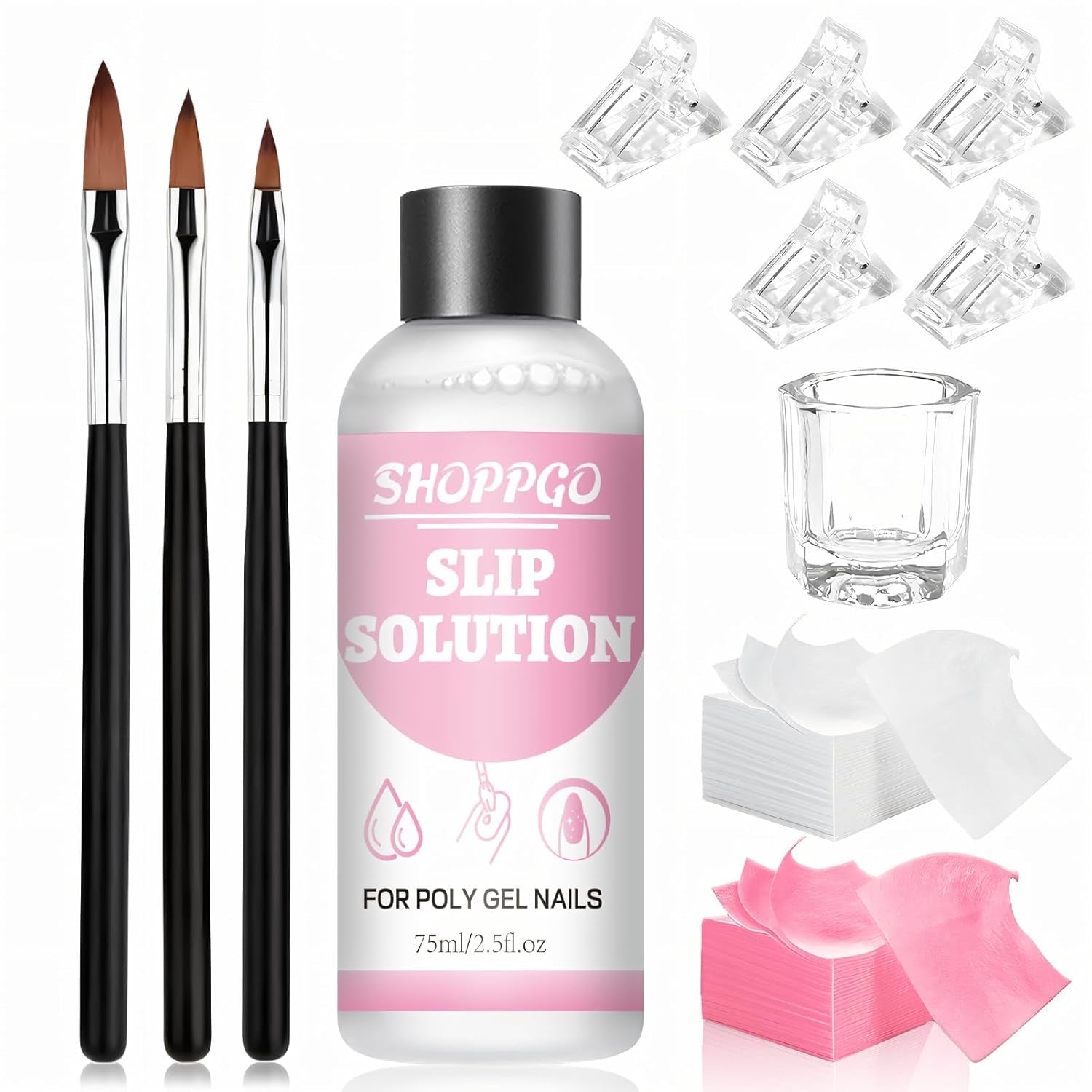 Polygel Glättungslösung, Polygel Slip Solution Nagelset, Glättungslösung 75 ml, inklusive 5 Nagelspitzenclips, 3 Nagelbürsten, 1 Kristallbecher, 100 Reinigungsblätter
