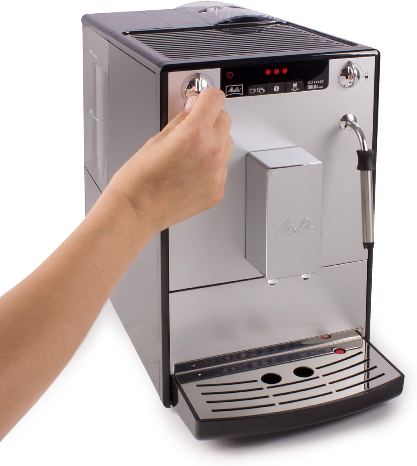 Melitta Solo & Milk – Vollautomatische Slim-Kaffeemaschine mit Milchaufschäumer, Kaffeemaschine mit abnehmbarem Wassertank, z.B. Kaffee oder Cappuccino, Silber