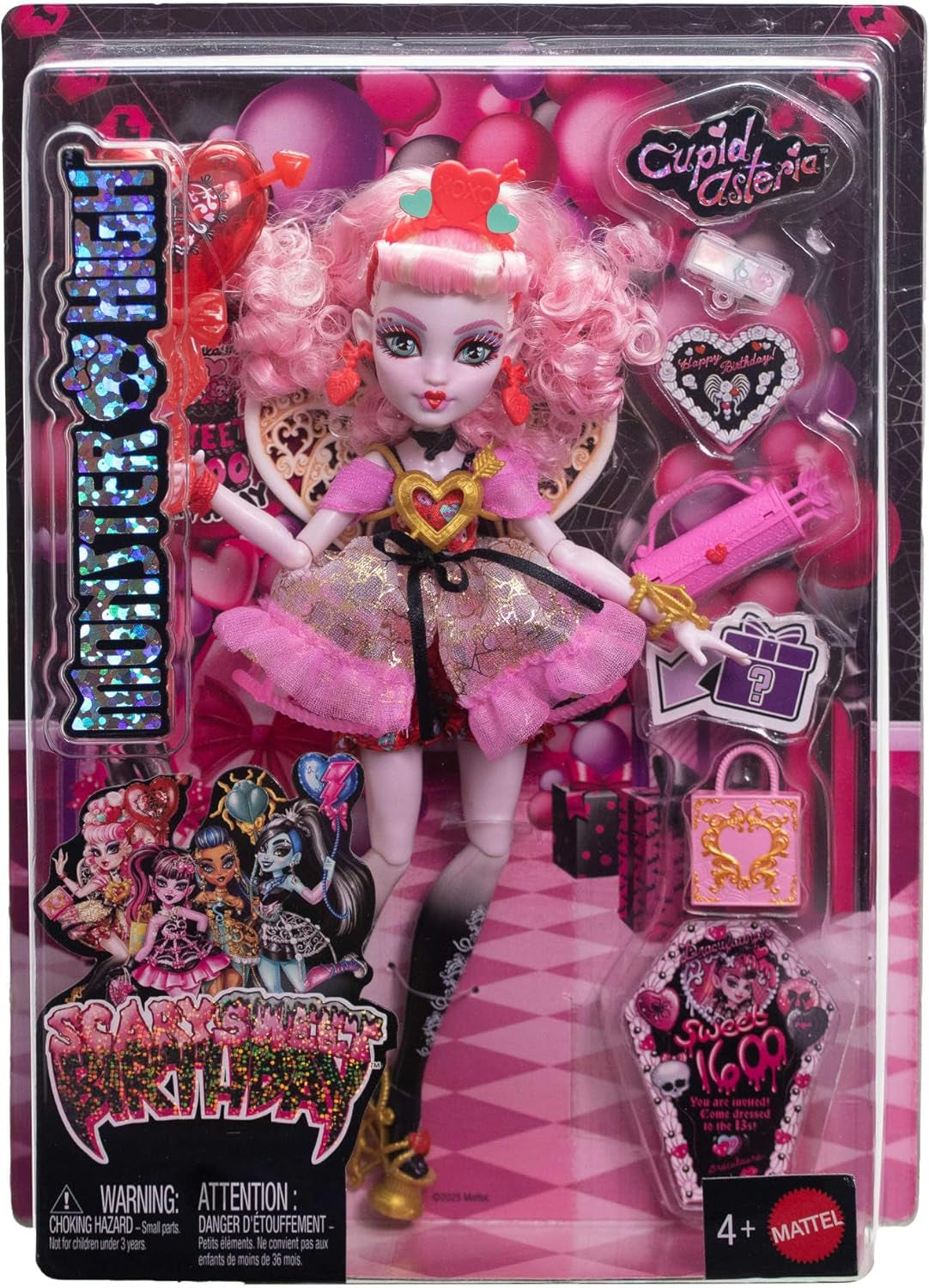 Monster High Scary Sweet Birthday Cupid Asteria Puppe in rosa und rotem Partykleid mit thematischen Accessoires wie Einladung, Ballon, Geschenk und mehr, JBG77