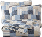 Chezmoi Collection Addy Patchwork-Steppdecken-Set, vorgewaschene Baumwolle, leicht, wendbar, für alle Jahreszeiten, übergroß, 3-teilig, Marineblau, Weiß, Grau, Taupe, karierte Steppdecken und Steppdecken Naty Shop Patchwork Queen Plaid