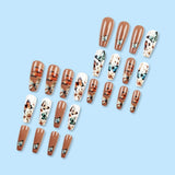 24 Stück lange Nägel zum Aufdrücken, Sarg, künstliche Nägel, Schmetterlingsblume, selbstklebende Nägel, weiß, braun, Acryl-Nagelset, Nagelspitzen, Damen, Frühling, Sommer, Nagelzubehör