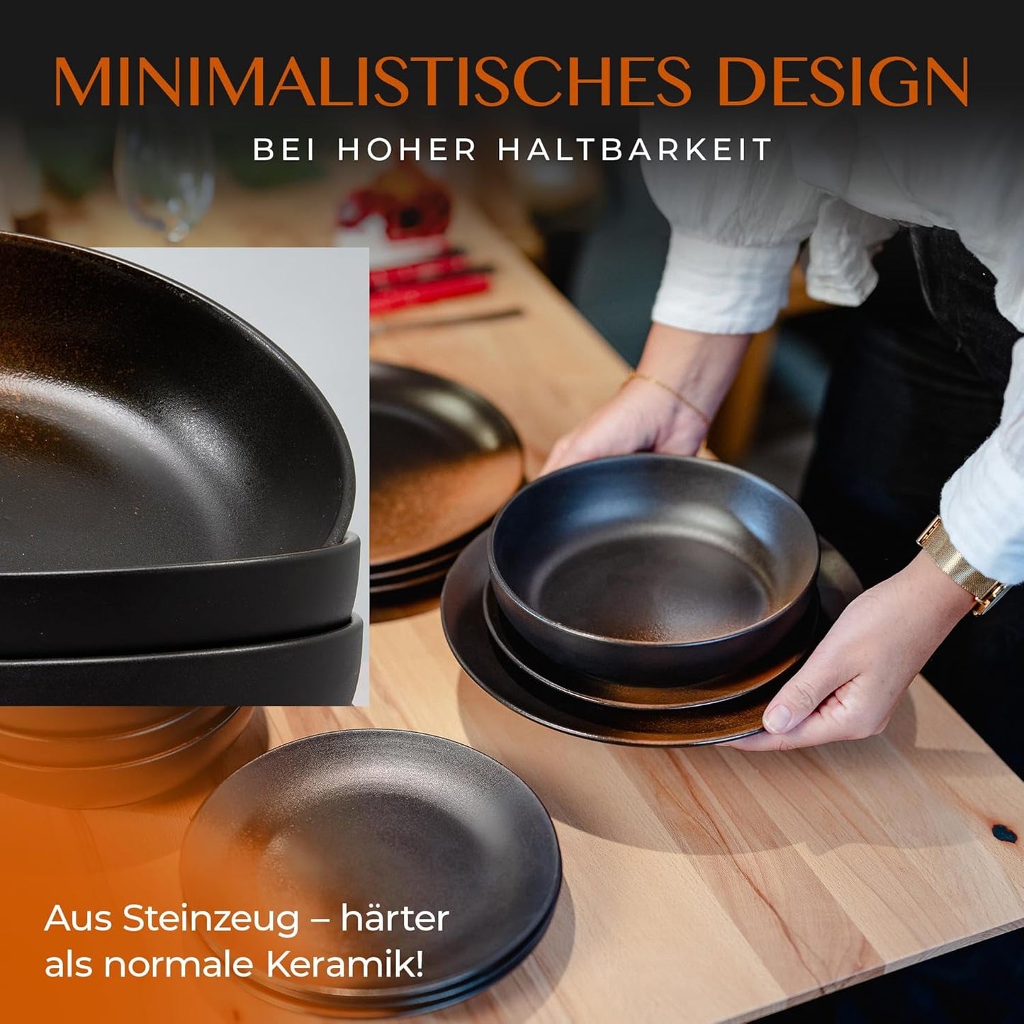 12-teiliges Geschirrset aus Steingut – Linie Prairie – Elegantes Design in Braun-/Schwarztönen, Set bestehend aus 4 Speisetellern, 4 Desserttellern und 4 Speisetellern/Premium-Kollektion