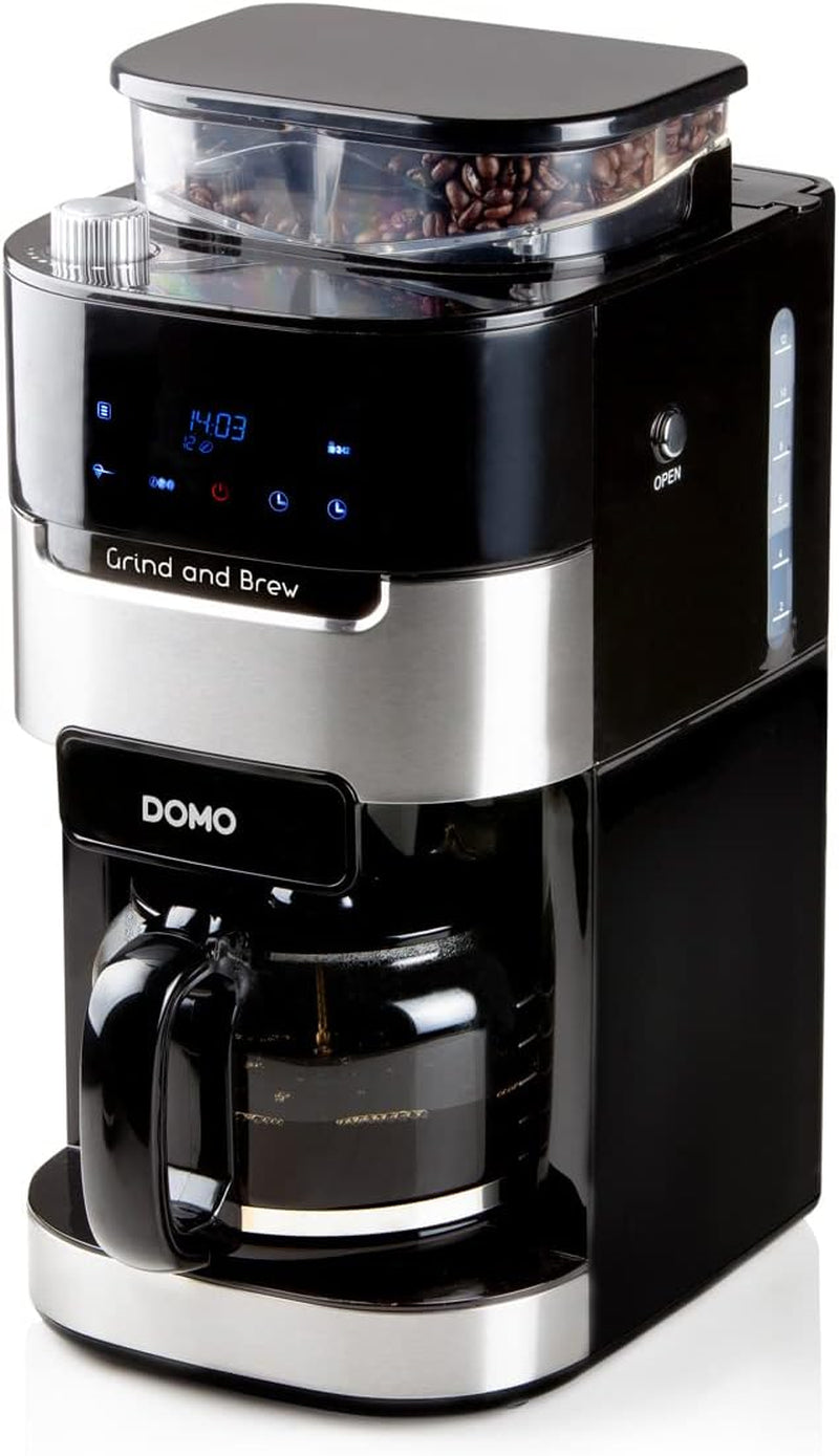DOMO DO721K Espressomaschine „Grind and Brew“ – Bean-to-Cup-Funktion – LCD-Display – Für gemahlenen Kaffee oder ganze Bohnen – 1,5 l