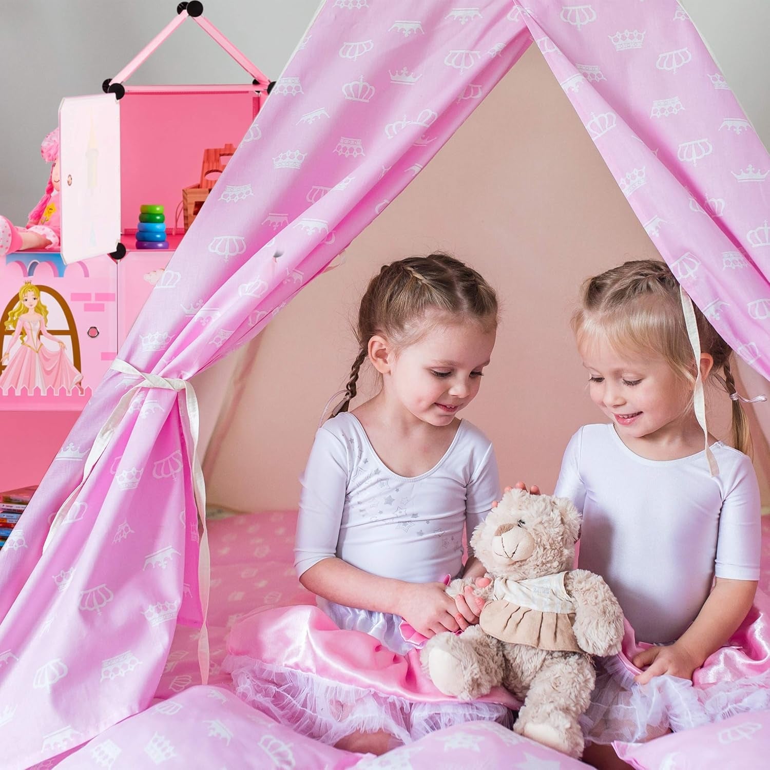 Relaxdays Modulregal für Kinderzimmer, Prinzessinnenschloss-Design, Kunststoff, DIY-Schrank mit Türen, HL: 128 x 110 x 37 cm, rosa