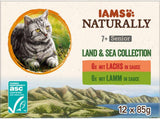 IAMS Naturally Senior Nassfutter in Soße – Hochwertiges Fleisch- und Fischnassfutter für ältere Katzen, Land & Sea Collection, 12 x 85 g