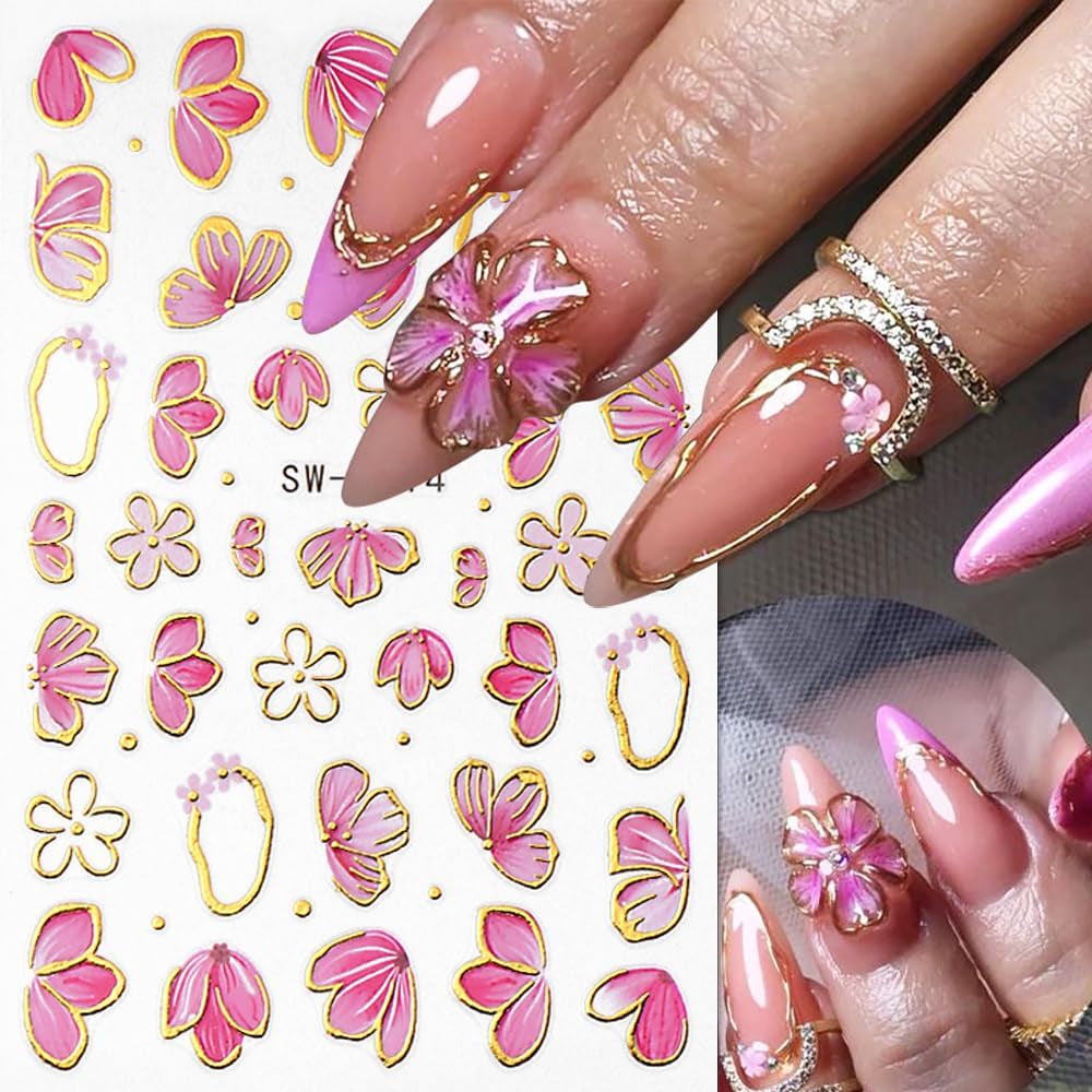 Gold Linie Schieber Rosa Nagelsticker Blumen 3D Flower Nail Sticker Sakura Blütenblätter Blumen Nagelaufkleber Frühling Sommer Floral Nagel Sticker Flowers Nagel Sticker Nageldesign Zubehör Nail Art