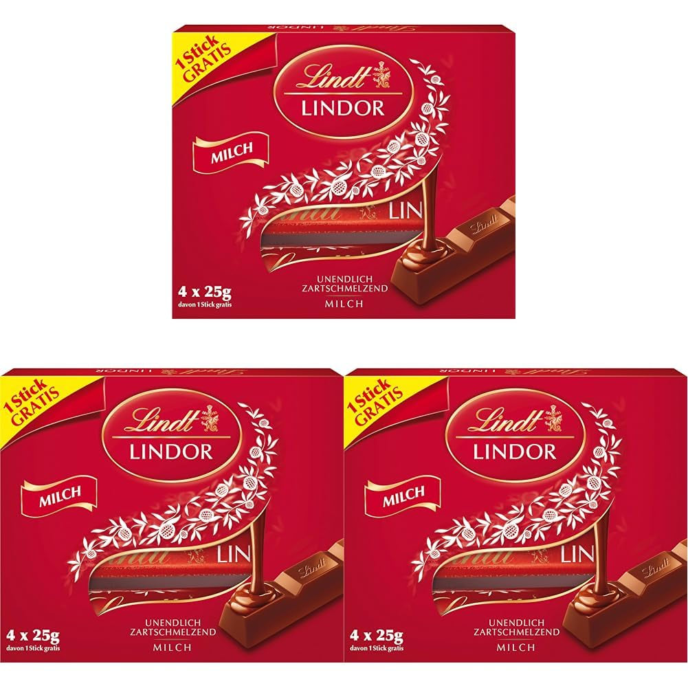 Lindt-Schokolade | LINDOR Milchschokoladenstangen, Aktionsangebot | 100g | 4 LINDOR Milchschokoladentafeln mit zartschmelzender Füllung | Schokoladenstangen (3er Pack)