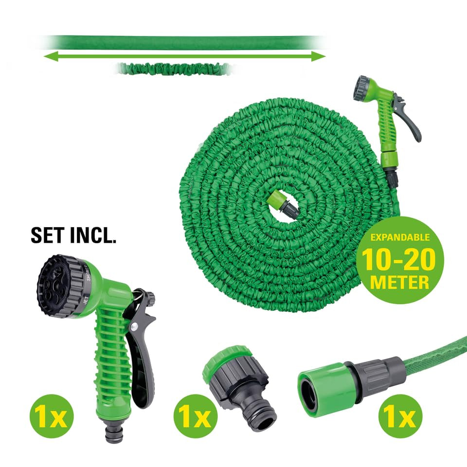 Kinzo Flexibler Gartenschlauch 20 m – inkl. Schlauch Schlauchzubehör – Flexibler Schlauch mit Sprühkopf mit 7 Sprühpositionen – Kunststoff – Grün/Grau