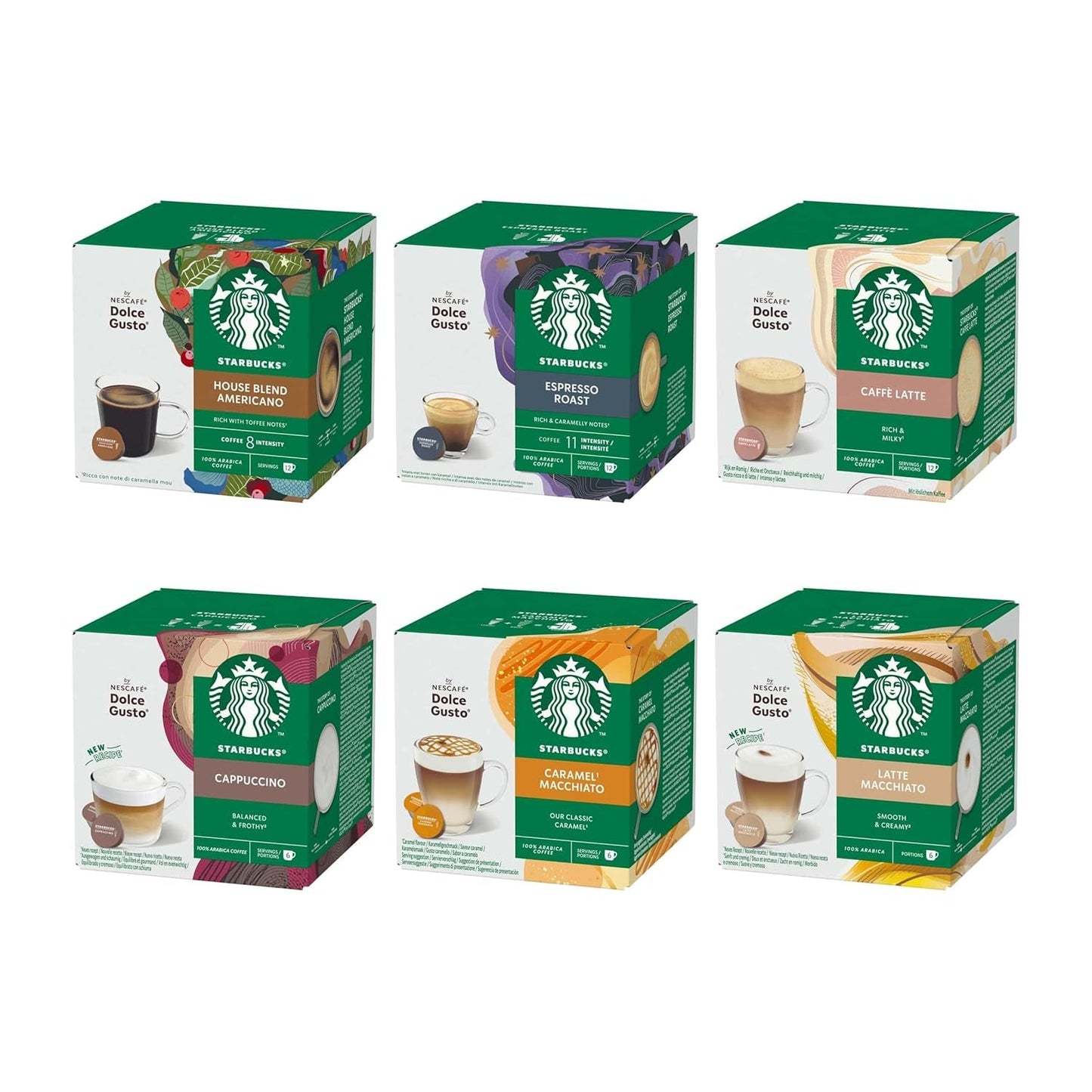 STARBUCKS Probierset, Mixed Cup Variety Pack von Nescafé Dolce Gusto Kaffeekapseln 6 x 12 (72 Kapseln) – Exklusiv bei Amazon