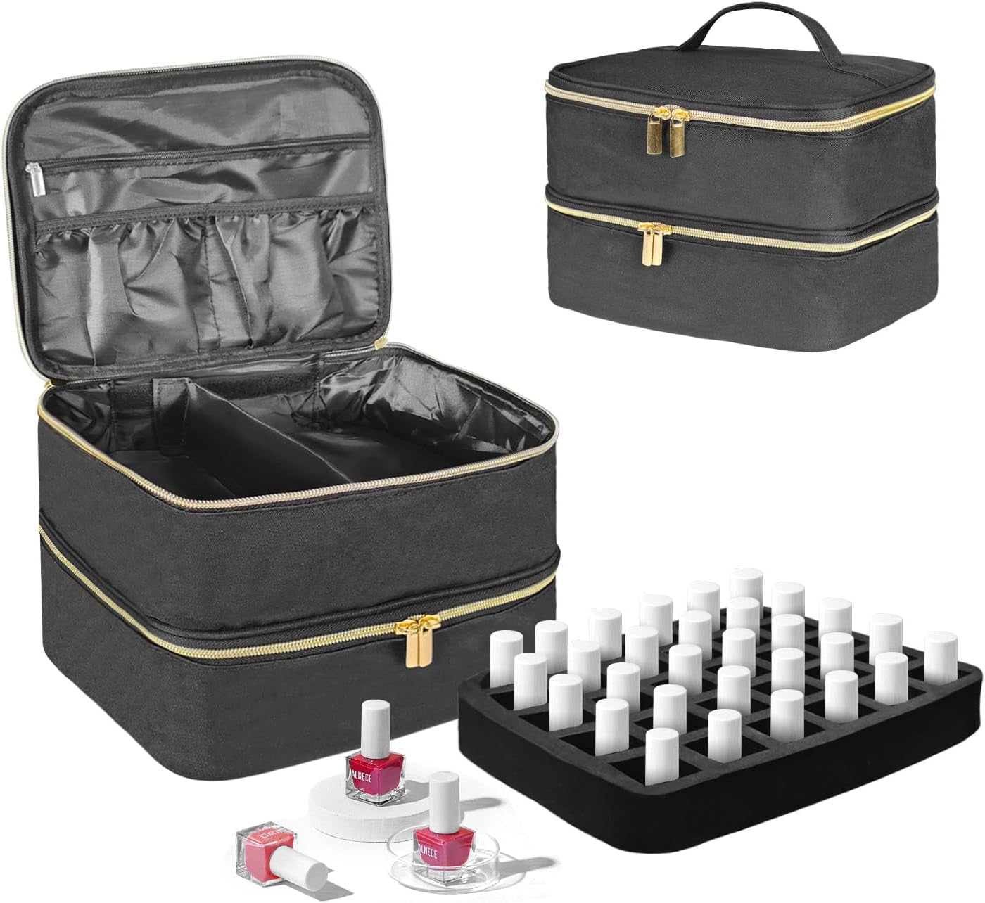 Nail Lacquer Organizer Tasche, Doppelschicht Nagellack Aufbewahrungsbox, Organizer Koffer Für Nageldesign Kosmetiktasche Für 30 Flaschen Neonail Base(15Ml-0.5 Fl.Oz) & 1 Nagellampe(Schwarz)