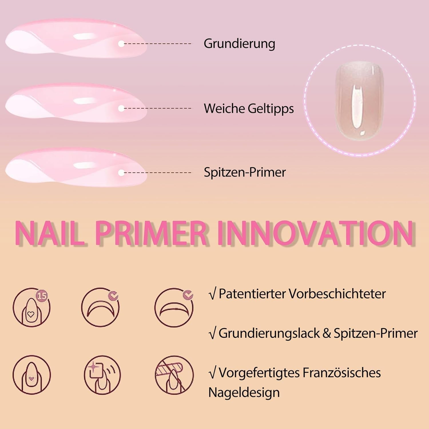 Set mit künstlichen Nägeln – 240 Stück, kurze, quadratische Nägel, weiches Gel, Modell Nude, weißer Farbverlauf, künstlicher natürlicher Kleber auf künstlichen Nägeln für Frauen, DIY (nackter Farbverlauf, 240 x)