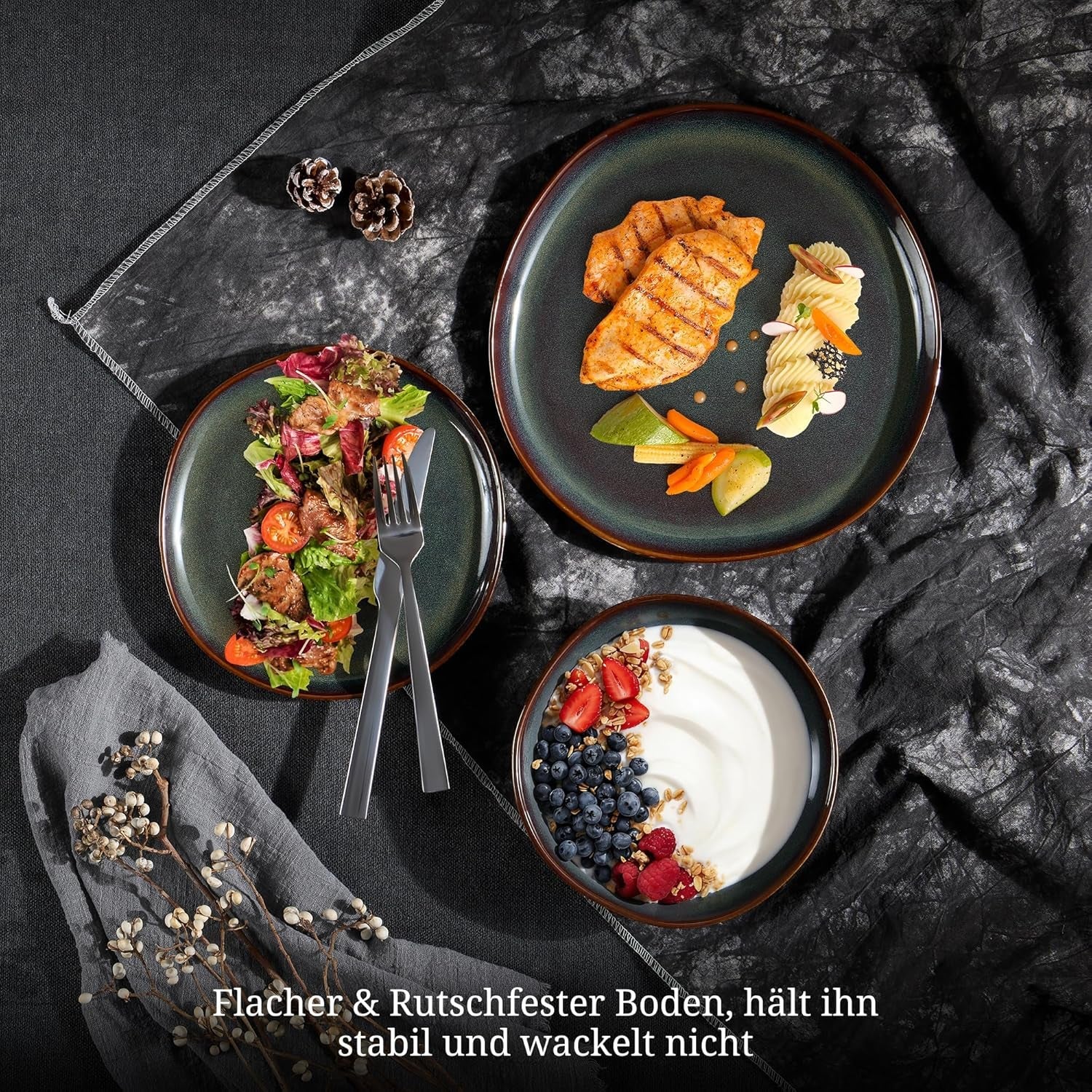 6-Personen-Geschirrset, 18-teiliges Steinzeug-Servierset, unregelmäßige runde Müslischalen, Dessertteller, Speiseteller, kratzfest, mikrowellengeeignet, reaktives Moosgrün