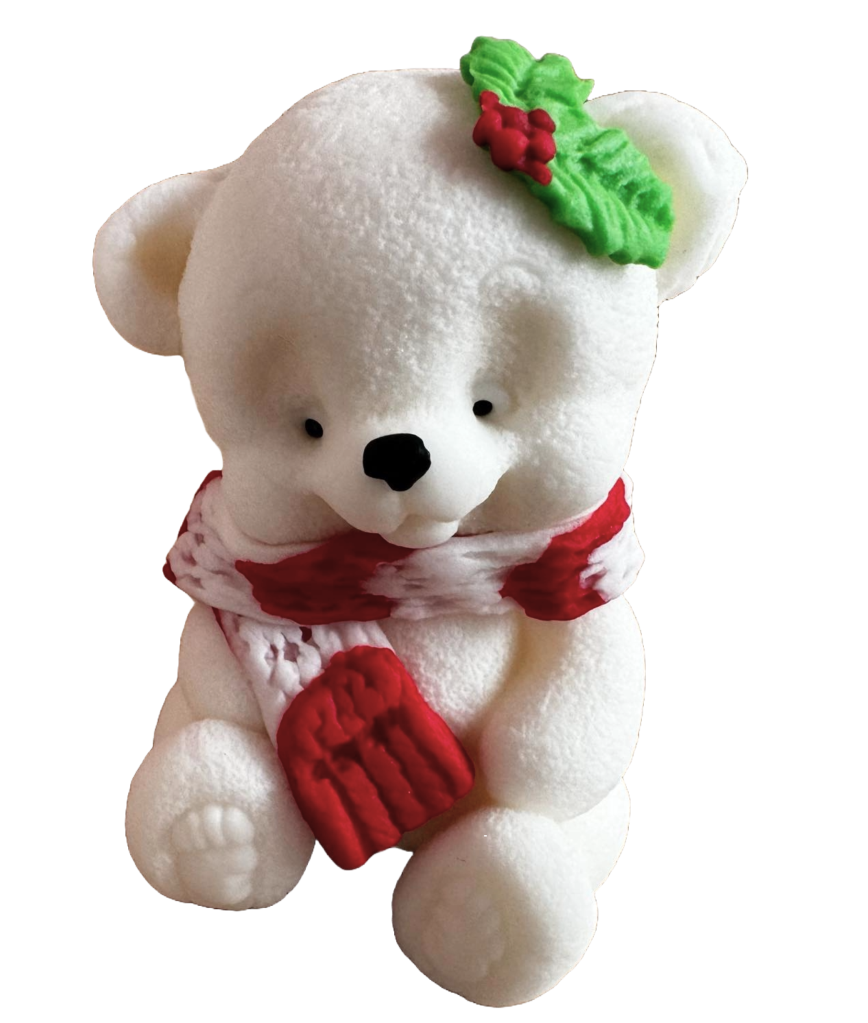 Essbare Dekoration aus Zuckerpaste, Teddybär mit rot-weißem Schal und Blättern. Dekorationen aus Zuckerpaste Naty Shop