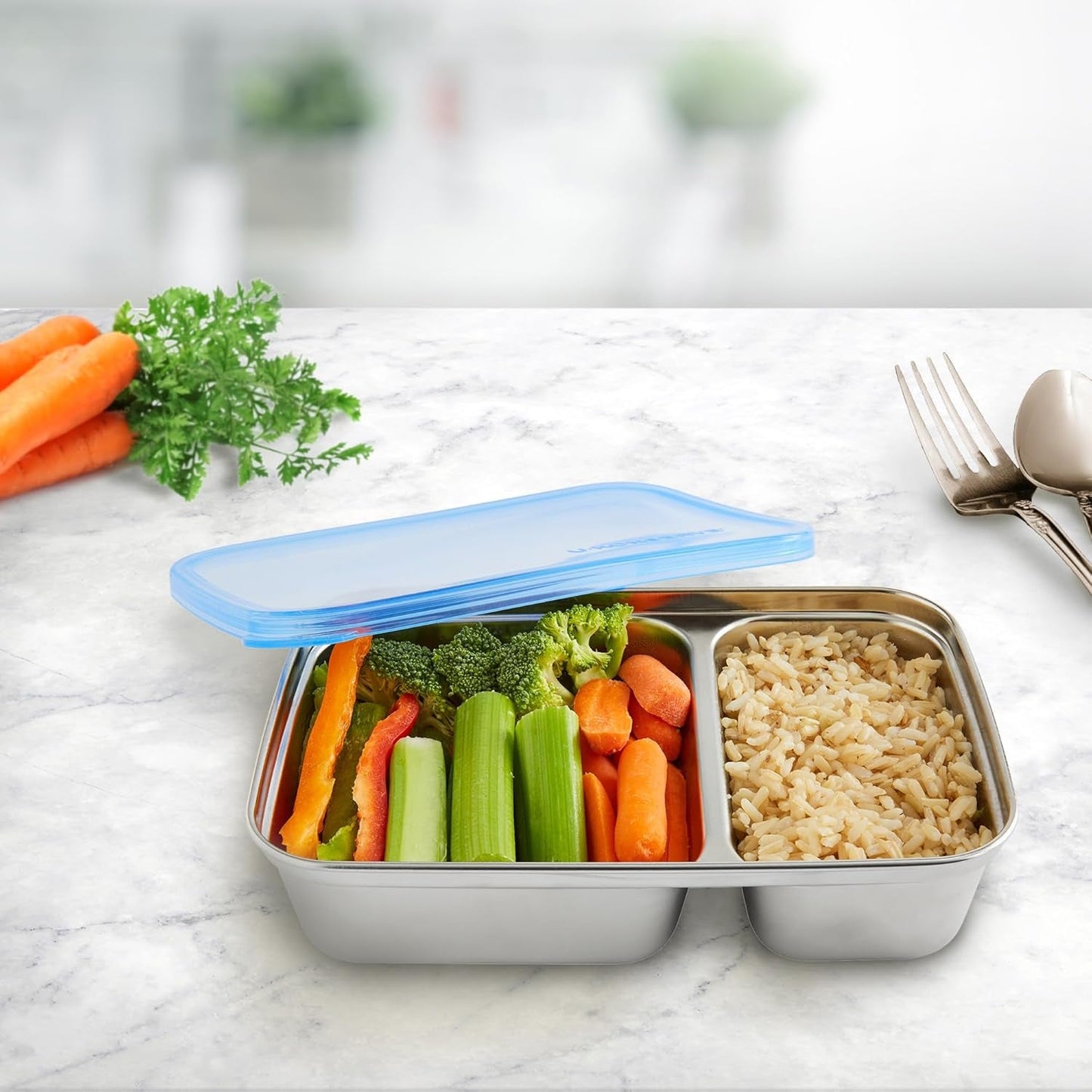 U Konserve – Geteilter, rechteckiger Lebensmittelbehälter aus Edelstahl mit Silikondeckel – Inselblaugrün – 28 oz/825 ml Lebensmittelaufbewahrungsboxen Naty Shop