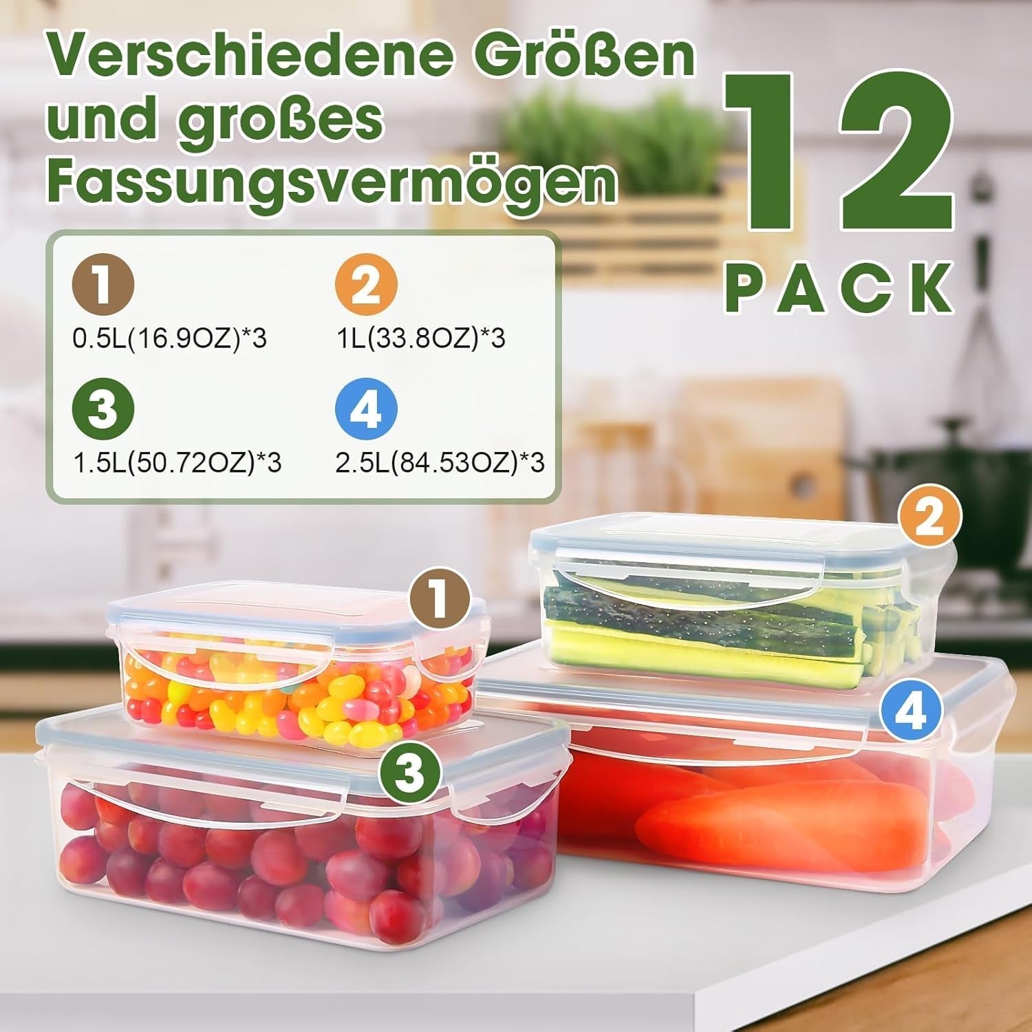 YASHE Frischhaltedose mit Deckel, 12-teiliges Vorratsdosen-Set aus Kunststoff, BPA-frei, 100 % auslaufsicher, stapelbar, transparente Frischhaltedosen Naty Shop