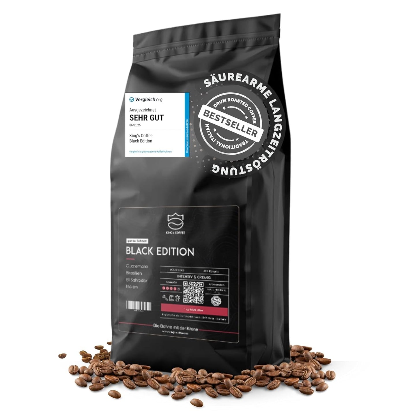 KING'S COFFEE – BLACK EDITION – 1 kg intensive, cremige Kaffeebohnen – Kaffee mit geringem Säuregehalt – Kleinserienröstung aus Italien – Starke Arabica-Espressobohnen (Mischung) für Vollautomaten und Siebträgermaschinen