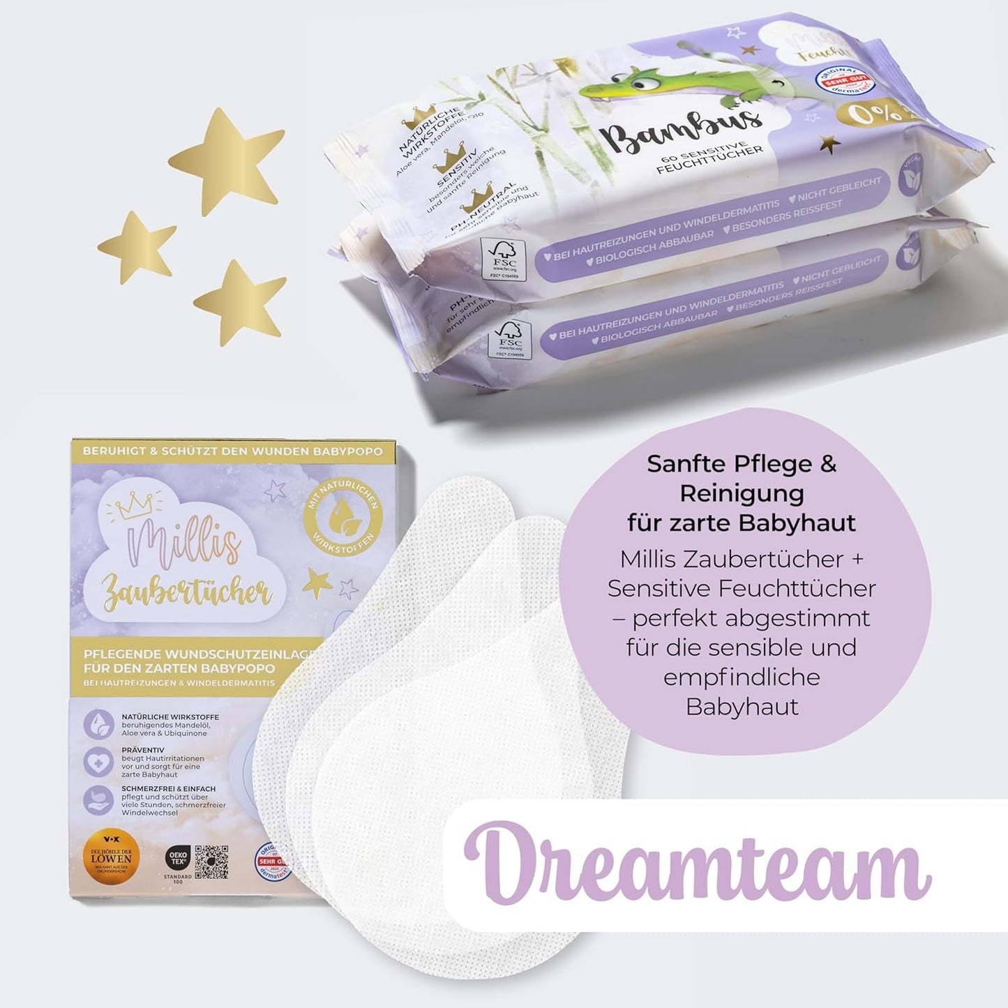 Millis Zaubertücher bei Windeldermatitis Baby, bekannt aus „Die Höhle der Löwen“, 25 Tücher (1 x 25er) mit Aloe Vera, Mandelöl & Q10 – Pflegt, schützt & dient als Wundschutz bei gereizter Haut
