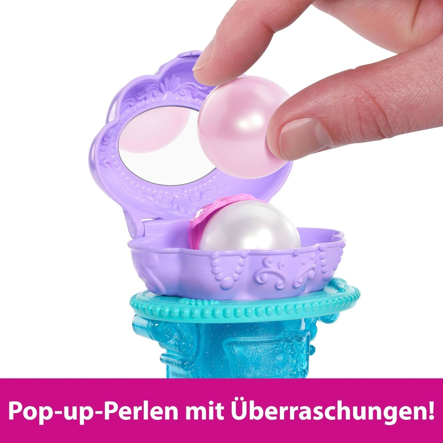 Mattel Disney Princess Toys, Make-up-Muschel Meerjungfrau Arielle Modepuppe mit abnehmbarem Schwanz, Schminktisch mit 5 wiederholbaren Pop-up-Überraschungen und 5 Zubehörteilen, JBF86 Naty Shop Dolls
