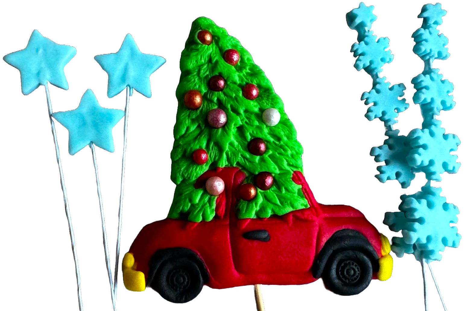 Set mit 6 essbaren Dekorationen aus Zuckerpaste, Weihnachten, Auto, Baum, Sterne und Schneeflocken. Dekorationen aus Zuckerpaste, Naty Shop