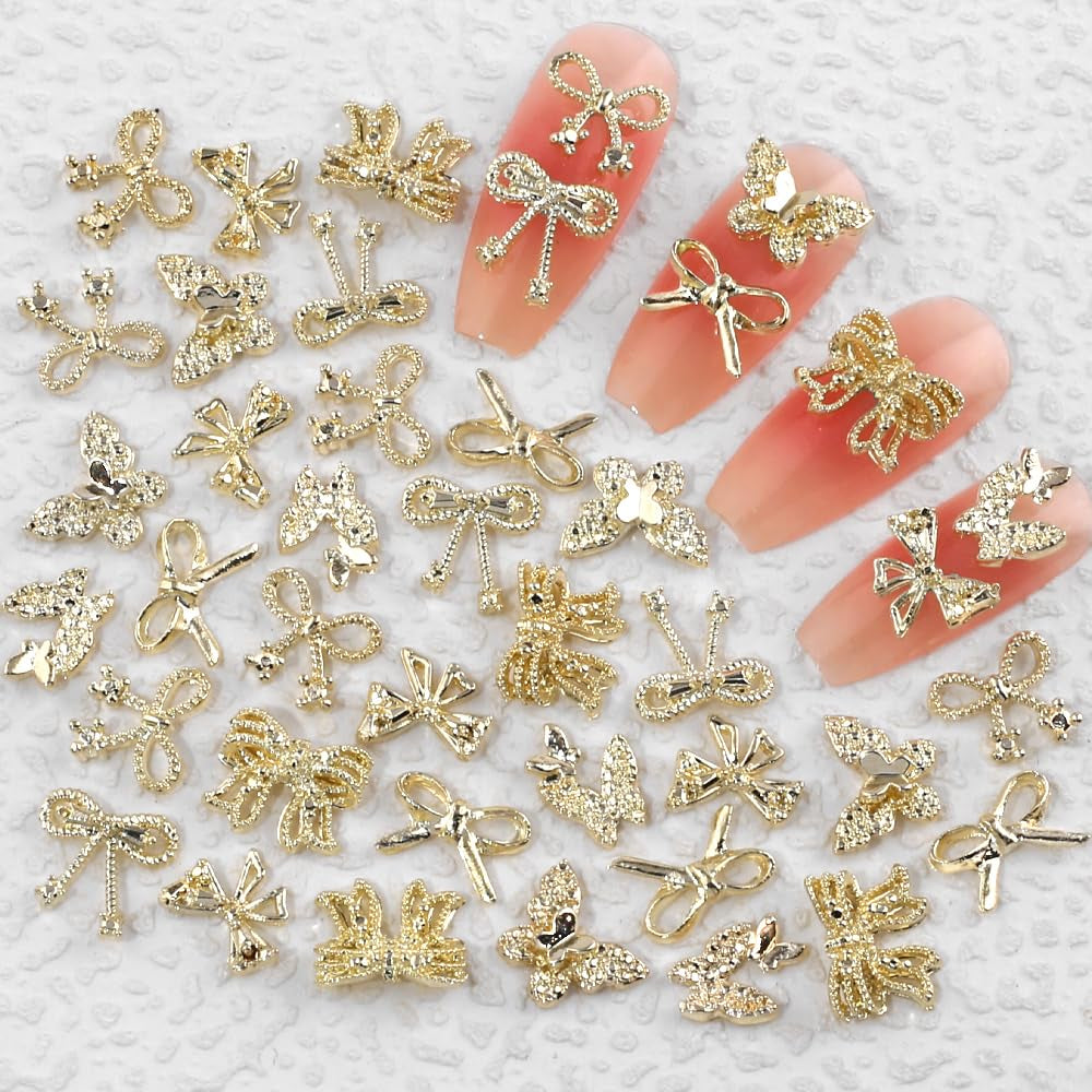 50 Stück 3D Gold Bow Nail Charms Butterfly Nail Art Charms Legierung Bogen Nagel Charms Nägel Zubehör Schleife Nagelschmuck Metall Schleifen Schmetterling Nageldesign Nagelanhänger Nailart Strasssteine
