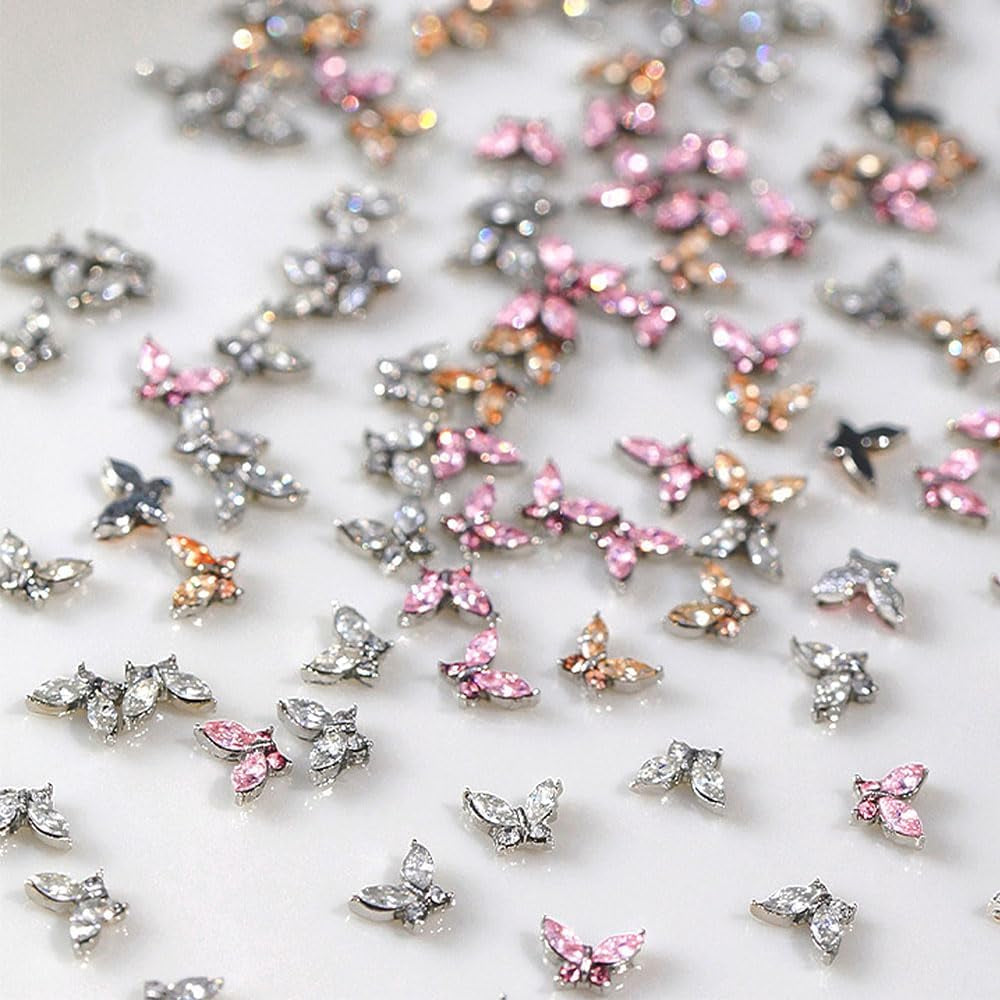 Mini Schmetterling Zirkon Nagel Schlüsselanhänger Y2K Weiß Champagner Rosa Strass Kristall Schmetterling Schlüsselanhänger Nägel 3D Schmetterling Nageldesign Schlüsselanhänger Schmetterling Nägel Dekoration Nail Art Schlüsselanhänger Nagelzubehör