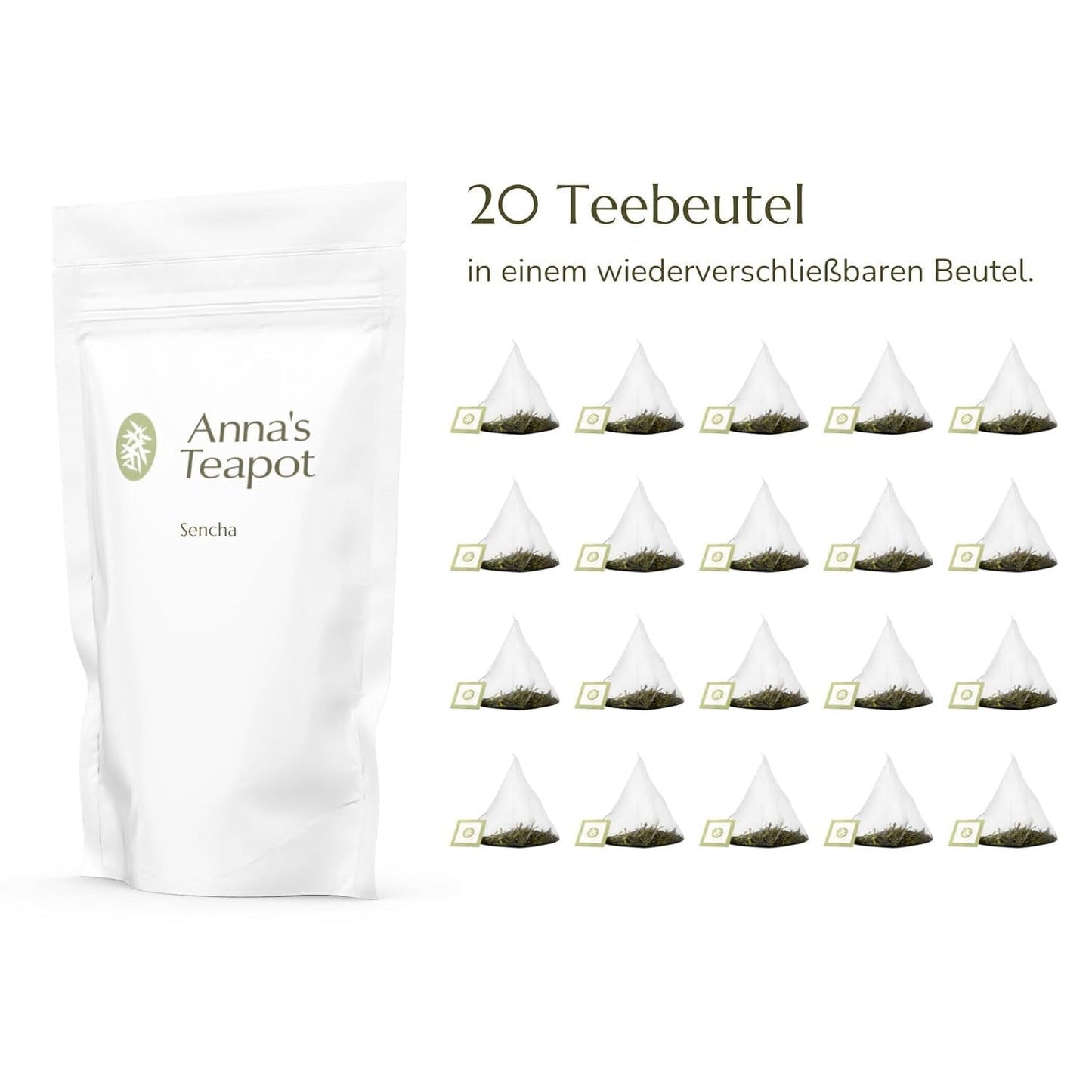 Anna'S Teekanne Sencha Bio-Grüntee-Beutel – Japanischer Bio-Grüntee 20 Pyramidenbeutel in einem wiederverschließbaren Beutel